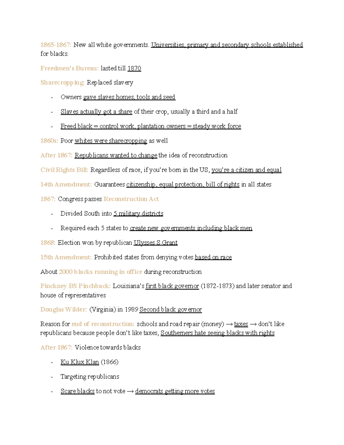 Reconstruction Notes - 1865-1867: New all white governments ...