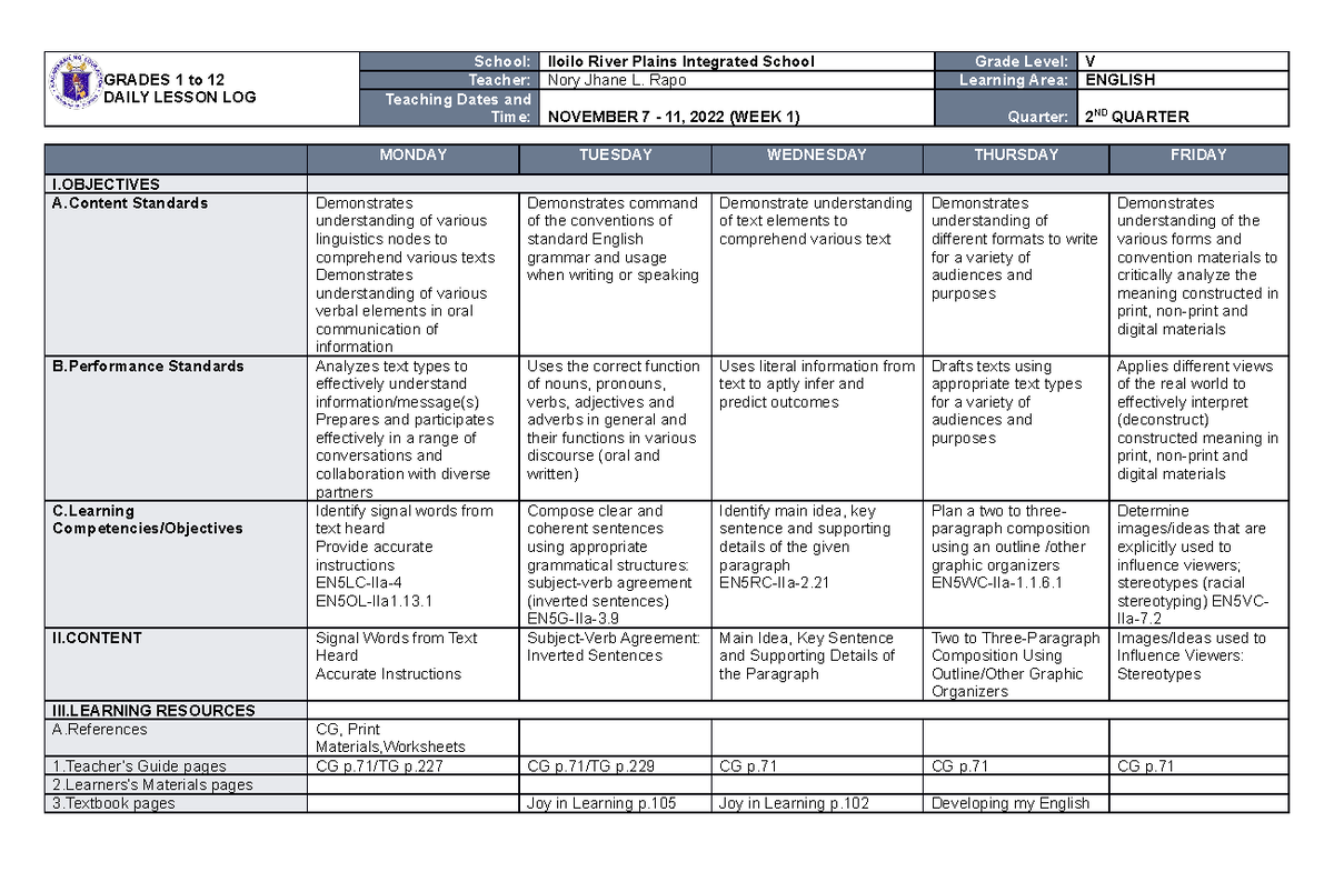 DLL English 5 Q2 W1 - GRADES 1 to 12 DAILY LESSON LOG School: Iloilo ...