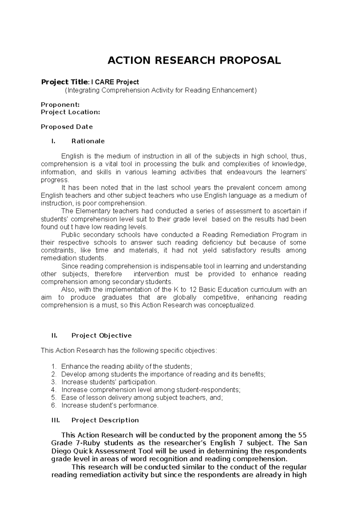 Action Research Proposal Project Title I - ACTION RESEARCH PROPOSAL ...