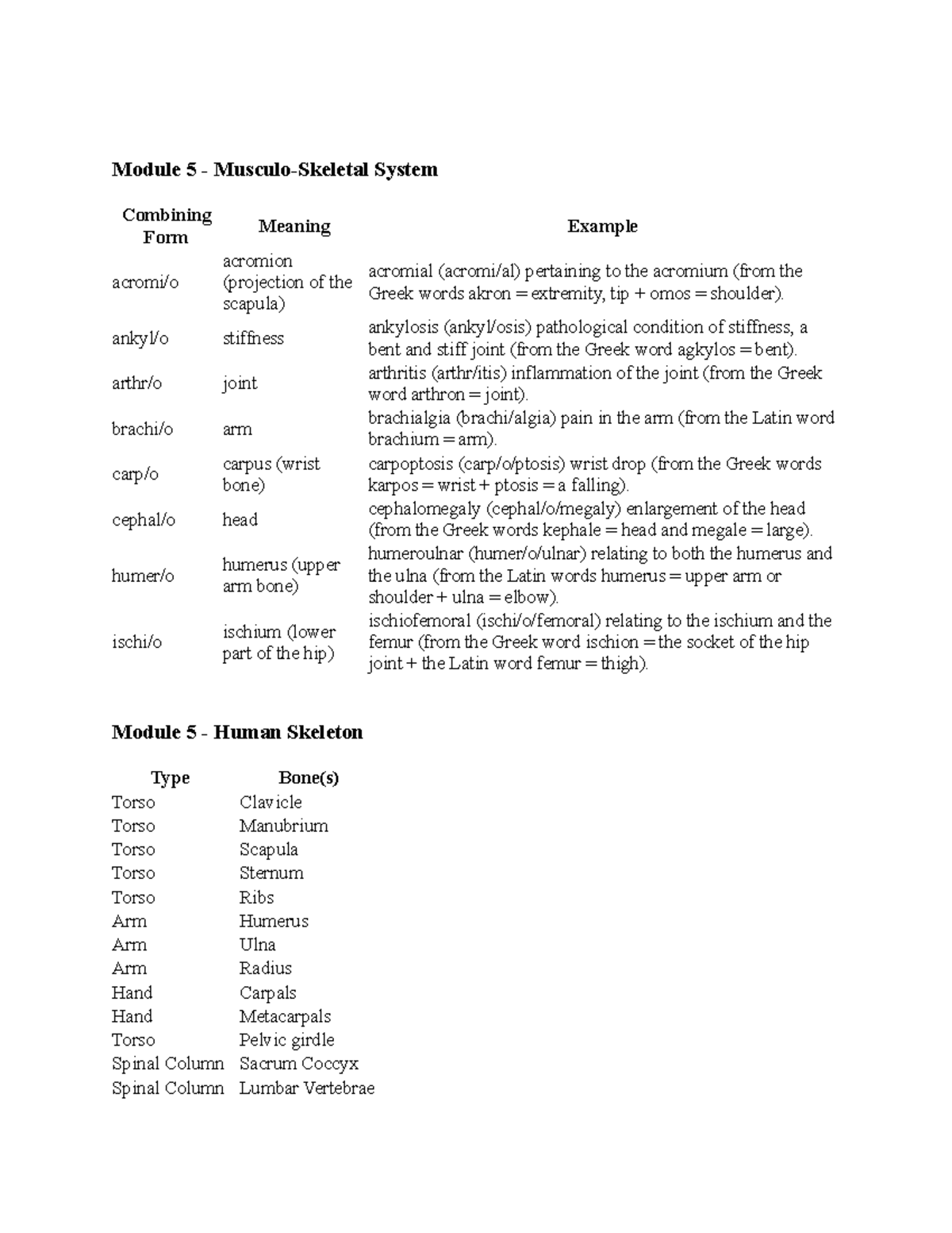 Med Terminology Exam 2 Term List - Module 5 - Musculo-Skeletal System ...