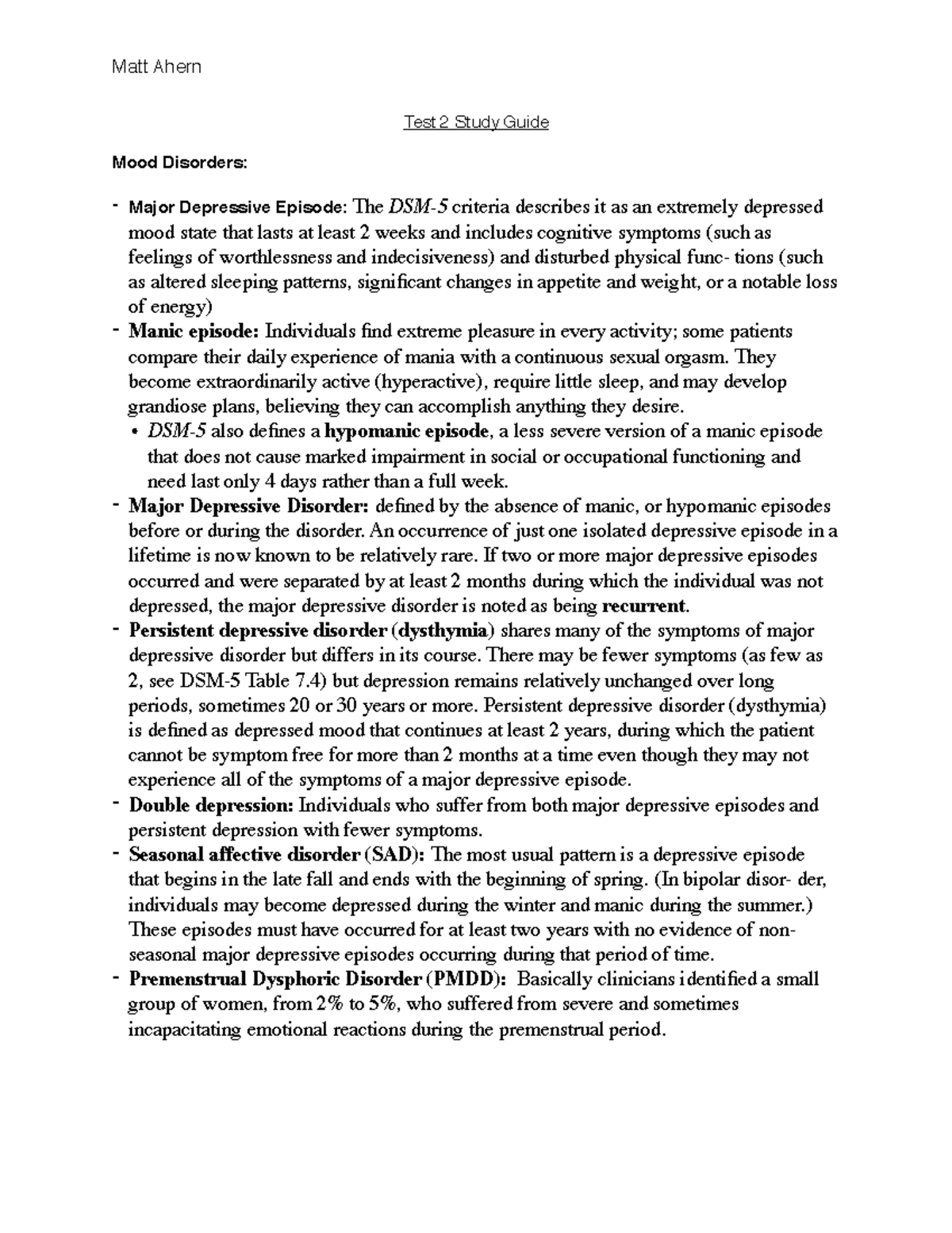 Test 2 Mood disorders - test 2 study guide notes - Matt Ahern Test 2 ...