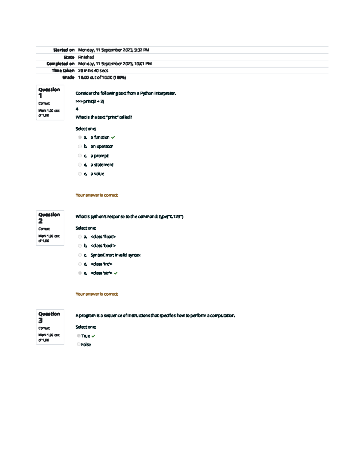 CS 1101-01 - Self-Quiz Unit 1 Attempt Review - Question 1 Correct Mark ...