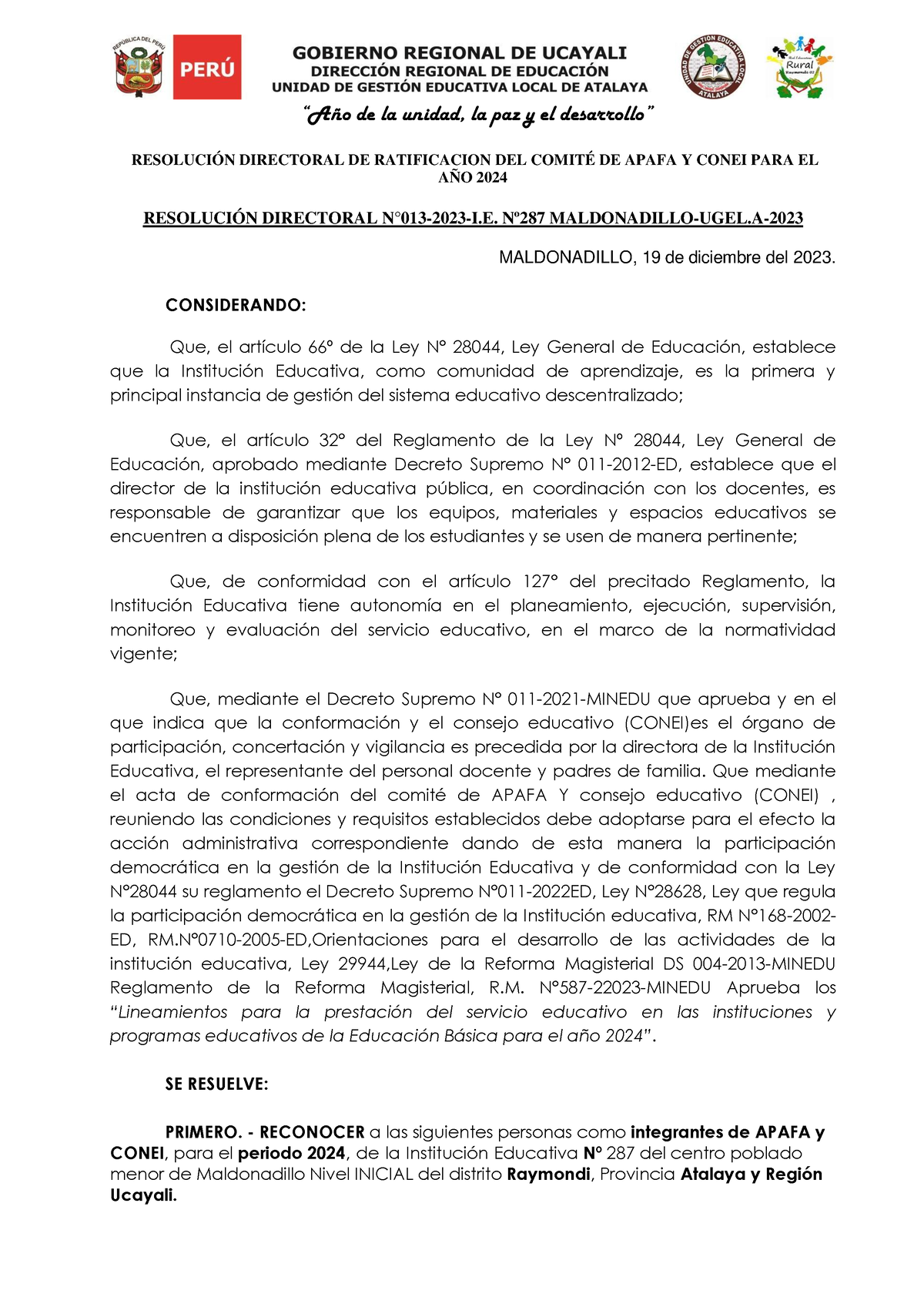 Resolucion De Conformacion Del Conei Y Apafa 2024 -2025 - “Año De La ...