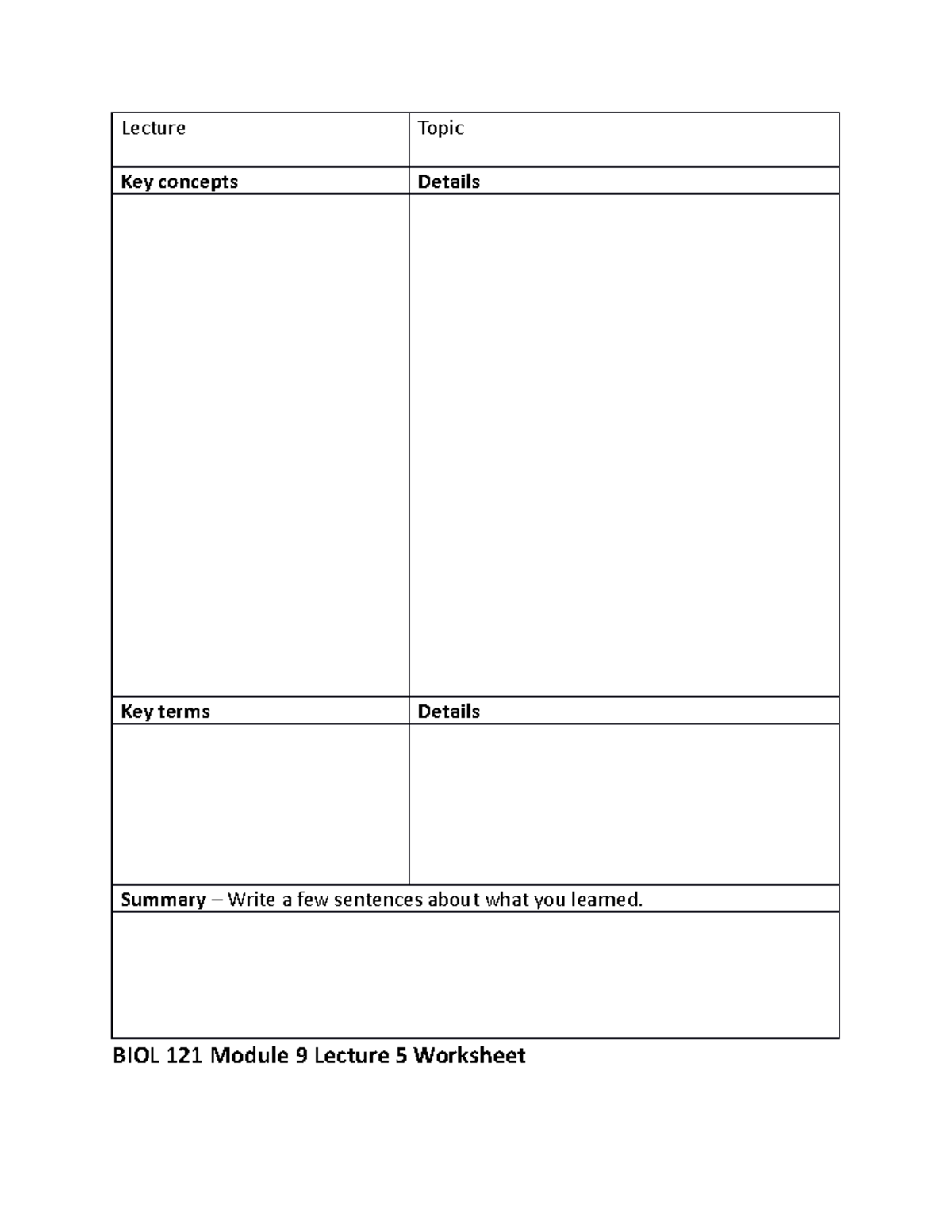 BIOL 121 Module 9.5 Worksheet - Lecture Topic Key concepts Details Key ...