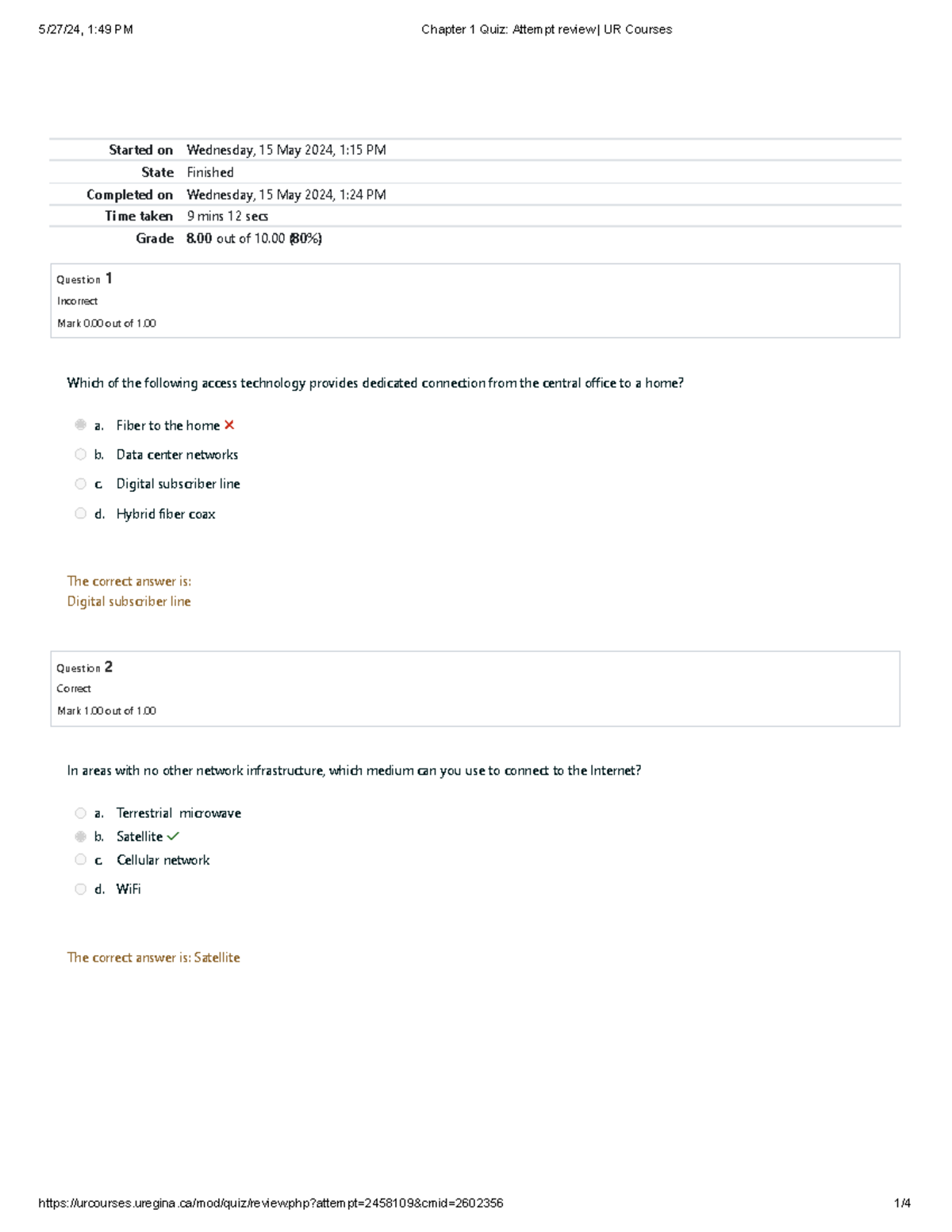 Chapter 1 Quiz Attempt review UR Courses - Started on Wednesday, 15 May ...