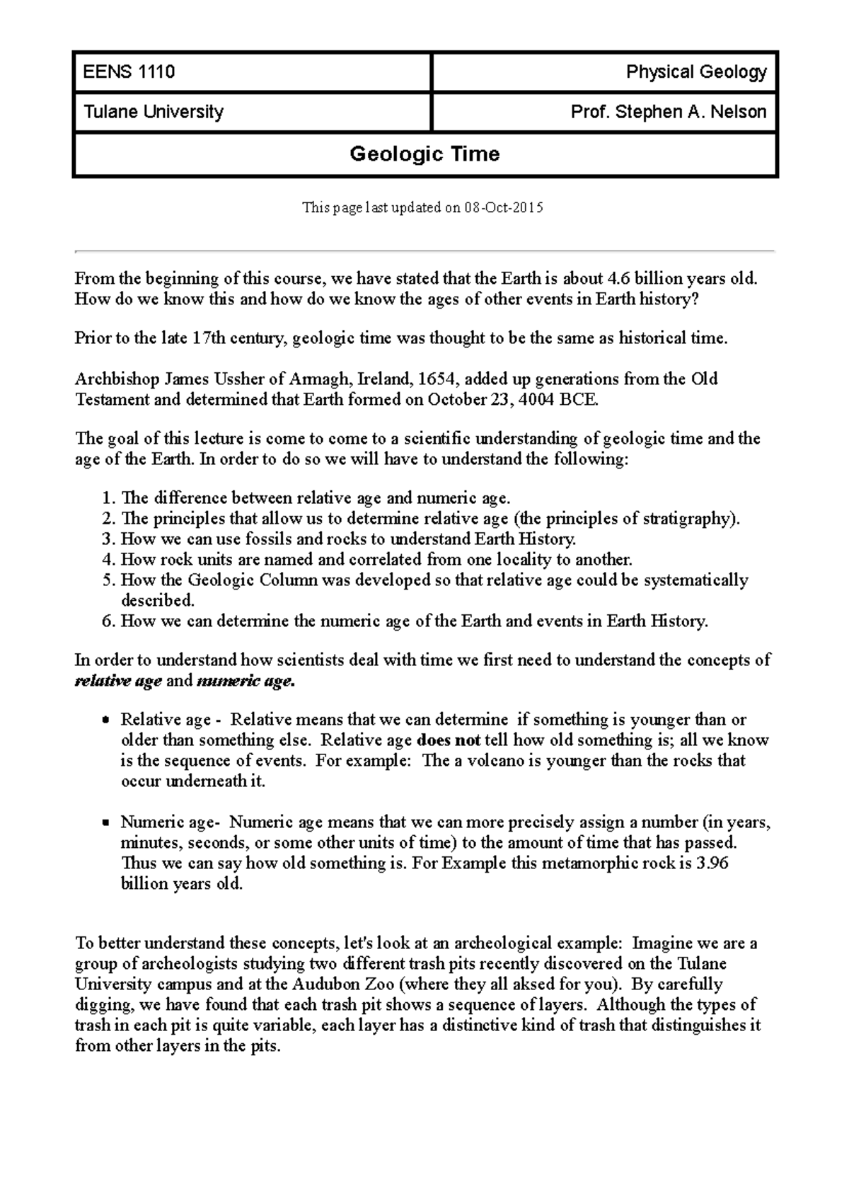 Geologic Time - Lecture notes - EENS 1110 Physical Geology Tulane ...