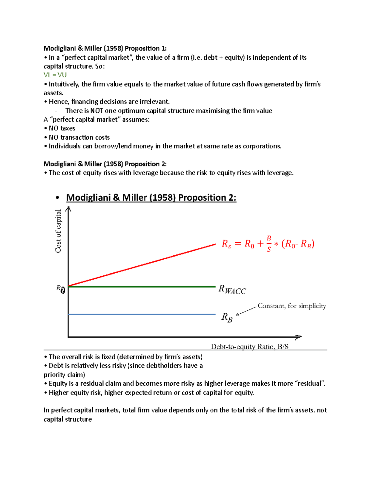 F2 - Finance 2 notes - Modigliani & Miller (1958) Proposition 1: In a ...