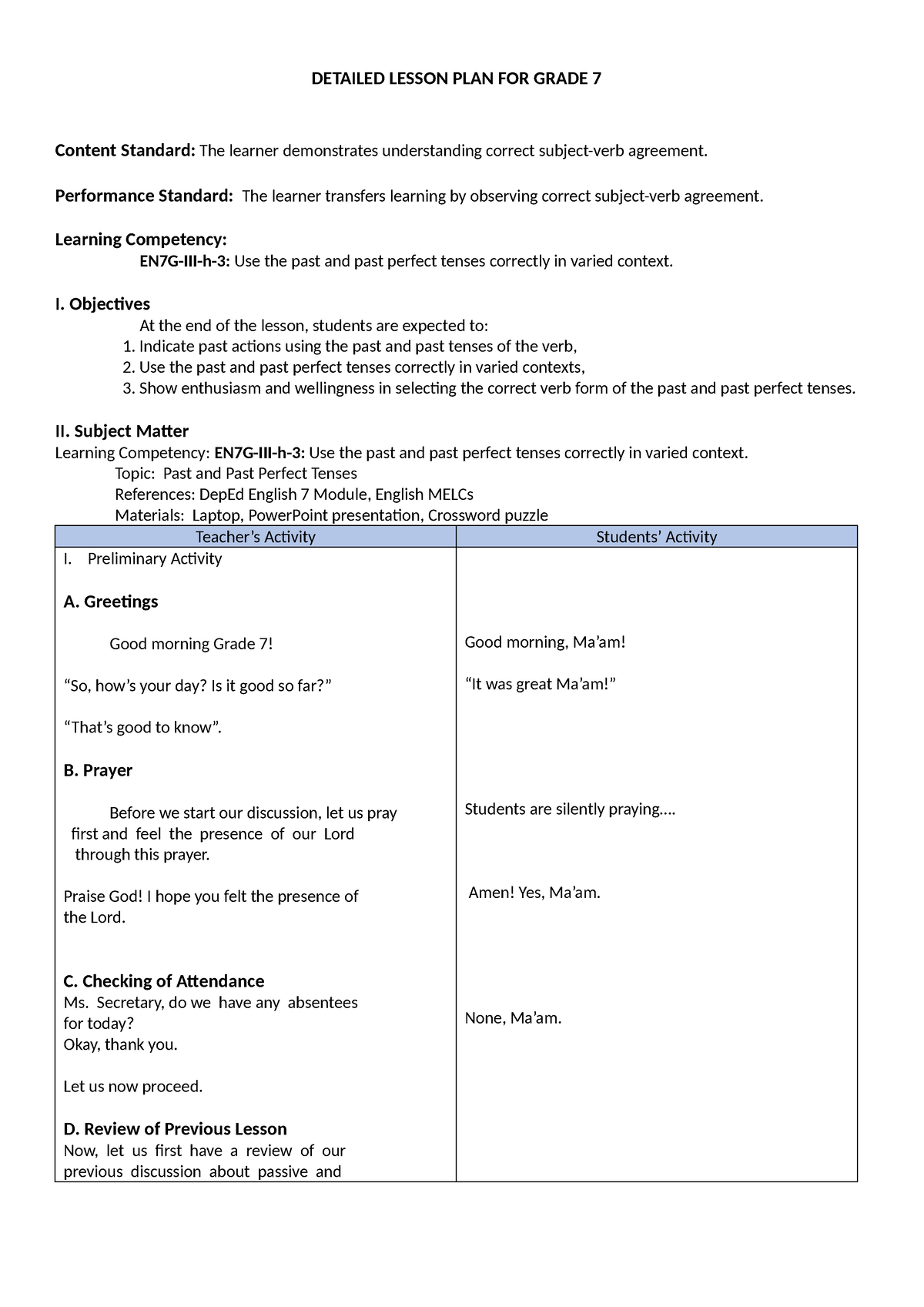 Detailed Lesson PLAN FOR Grade 7 - DETAILED LESSON PLAN FOR GRADE 7 ...