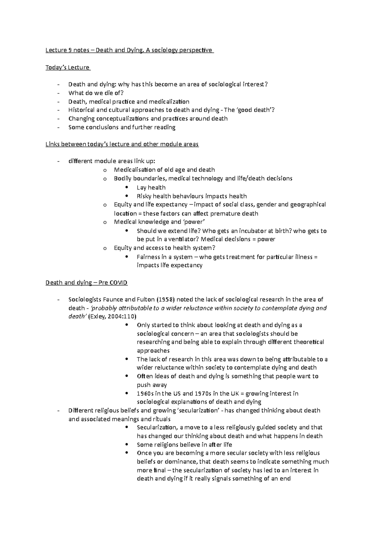 Death and Dying - A sociology perspective Today’s Lecture Death and ...