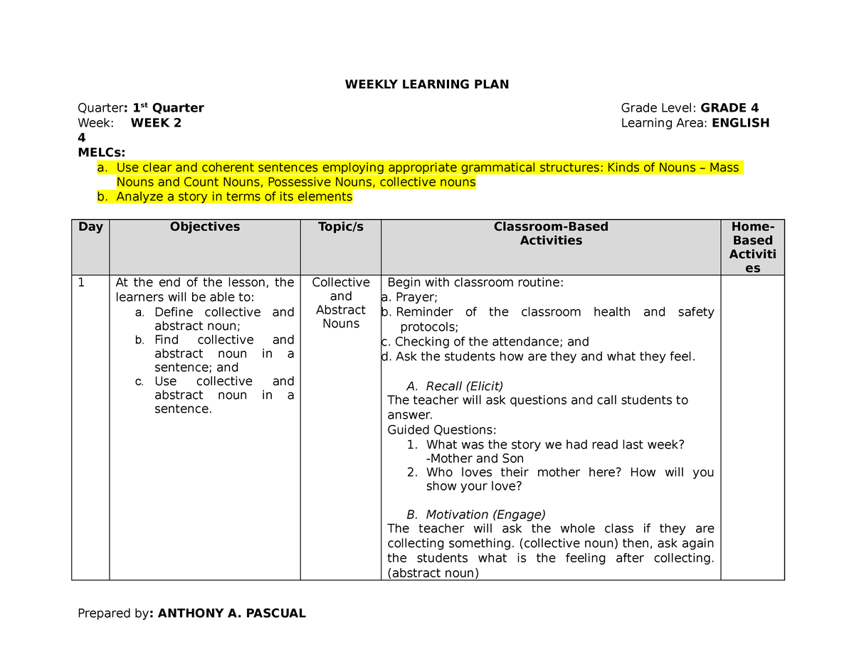 Wlp Eng4 W2 English Wlp Weekly Learning Plan Quarter 1st Quarter Grade Level Grade 4 Week 6634