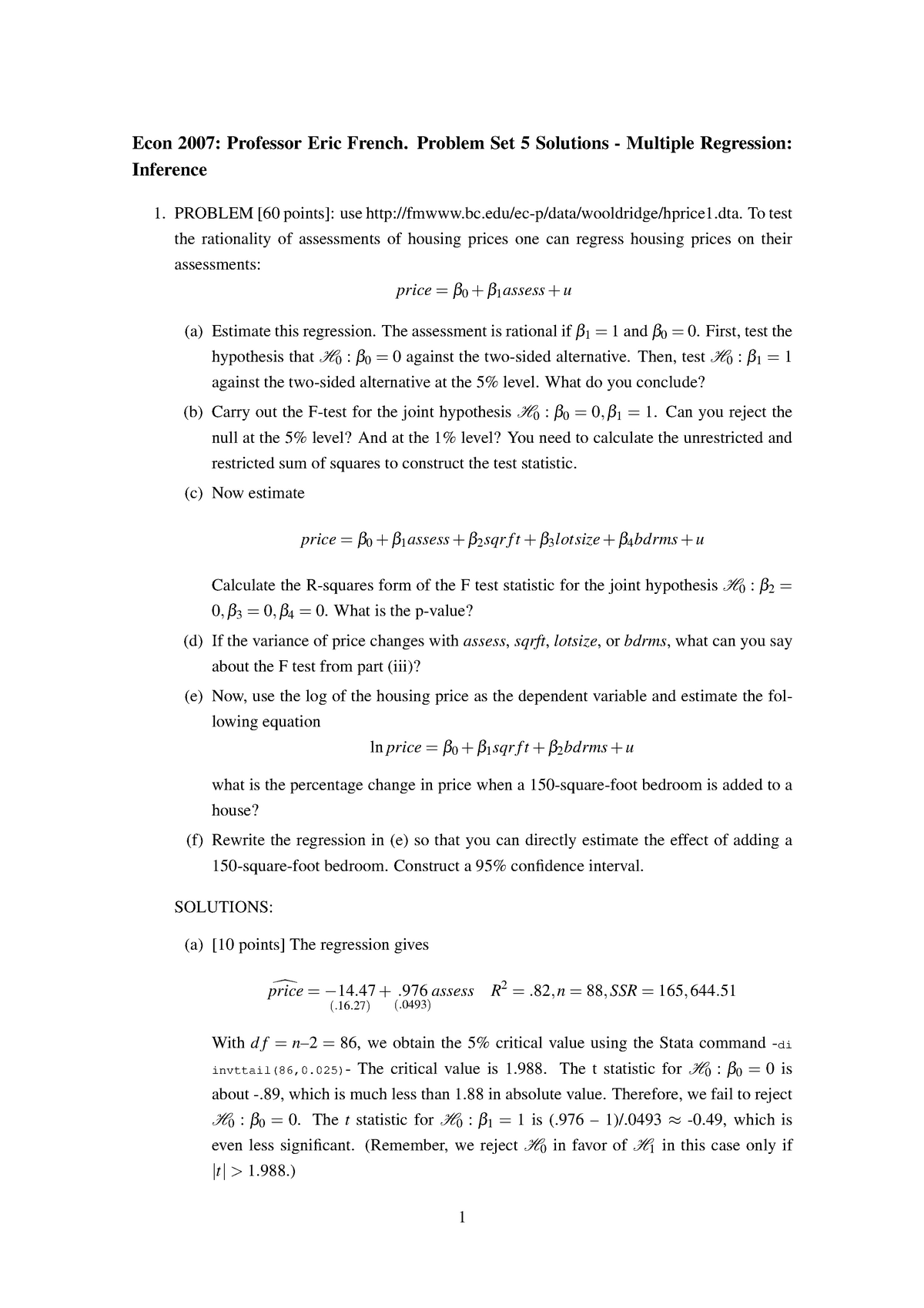 Metrics problem set5 solutions 2016 - Econ 2007: Professor Eric French.  Problem Set 5 Solutions - - Studocu