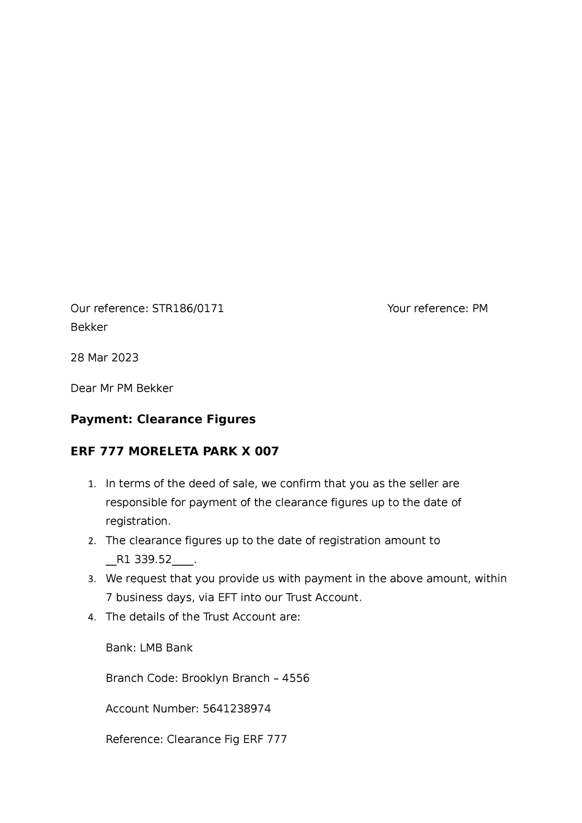 Clearance Figures letter - Our reference: STR186/0171 Your reference ...