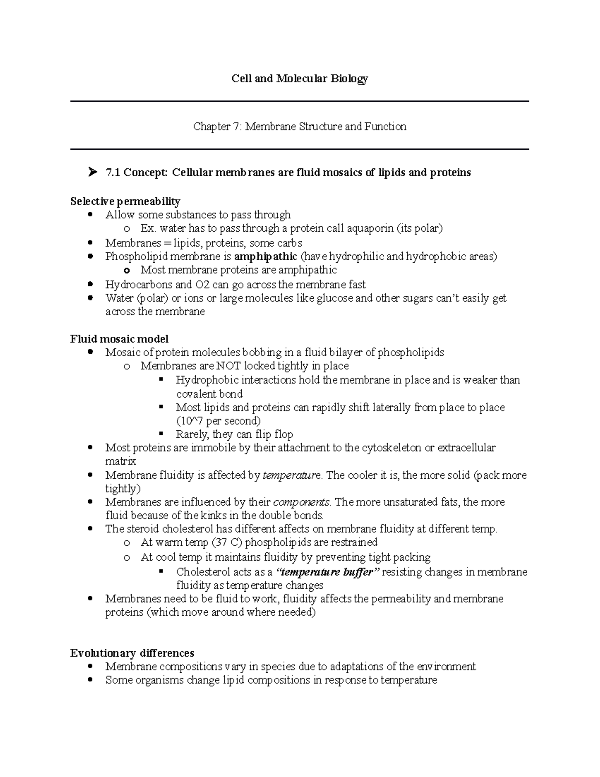 Ch. 7 Membrane Notes Bio - Cell and Molecular Biology Chapter 7 ...