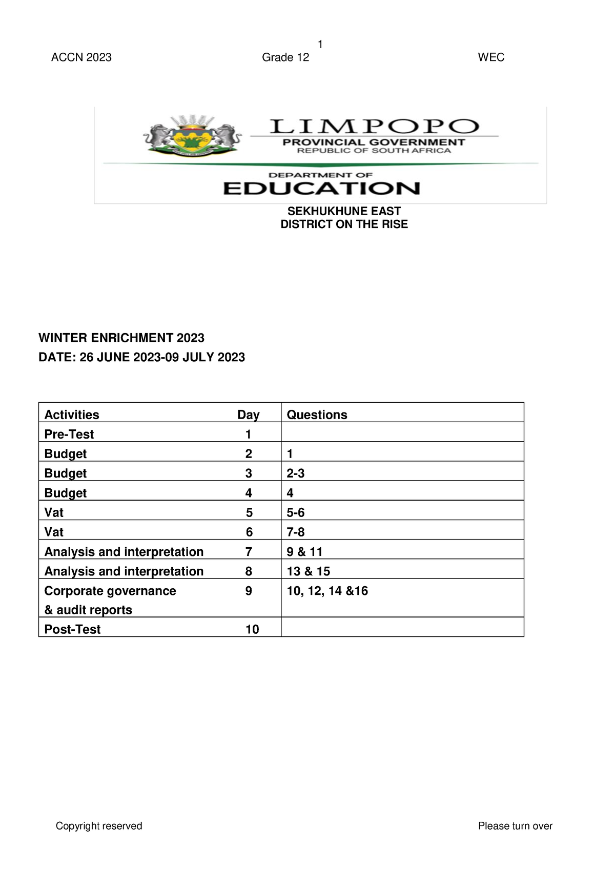 ACC 2023 WEC Activities - ACCN 2023 Grade 12 WEC SEKHUKHUNE EAST ...