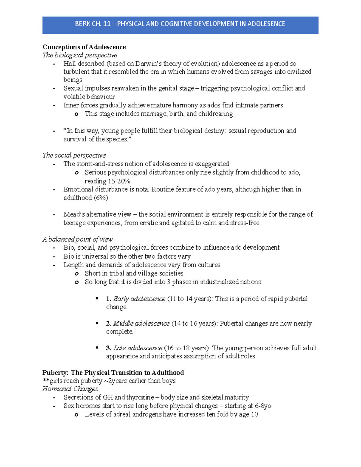 Laure E. Berk Ch. 11 Notes physical and cognitive development ...