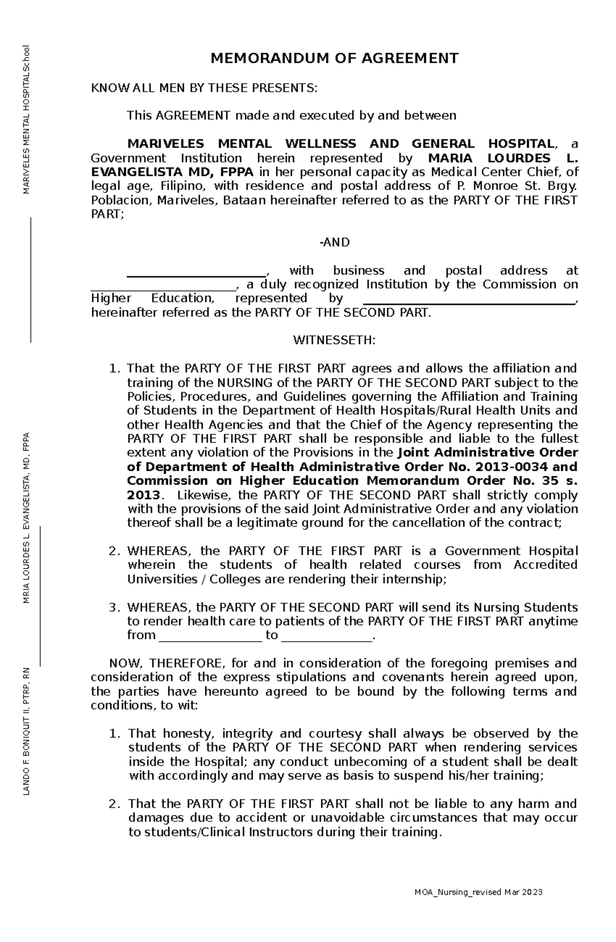 Moa-nursing - for nursing - MEMORANDUM OF AGREEMENT KNOW ALL MEN BY ...