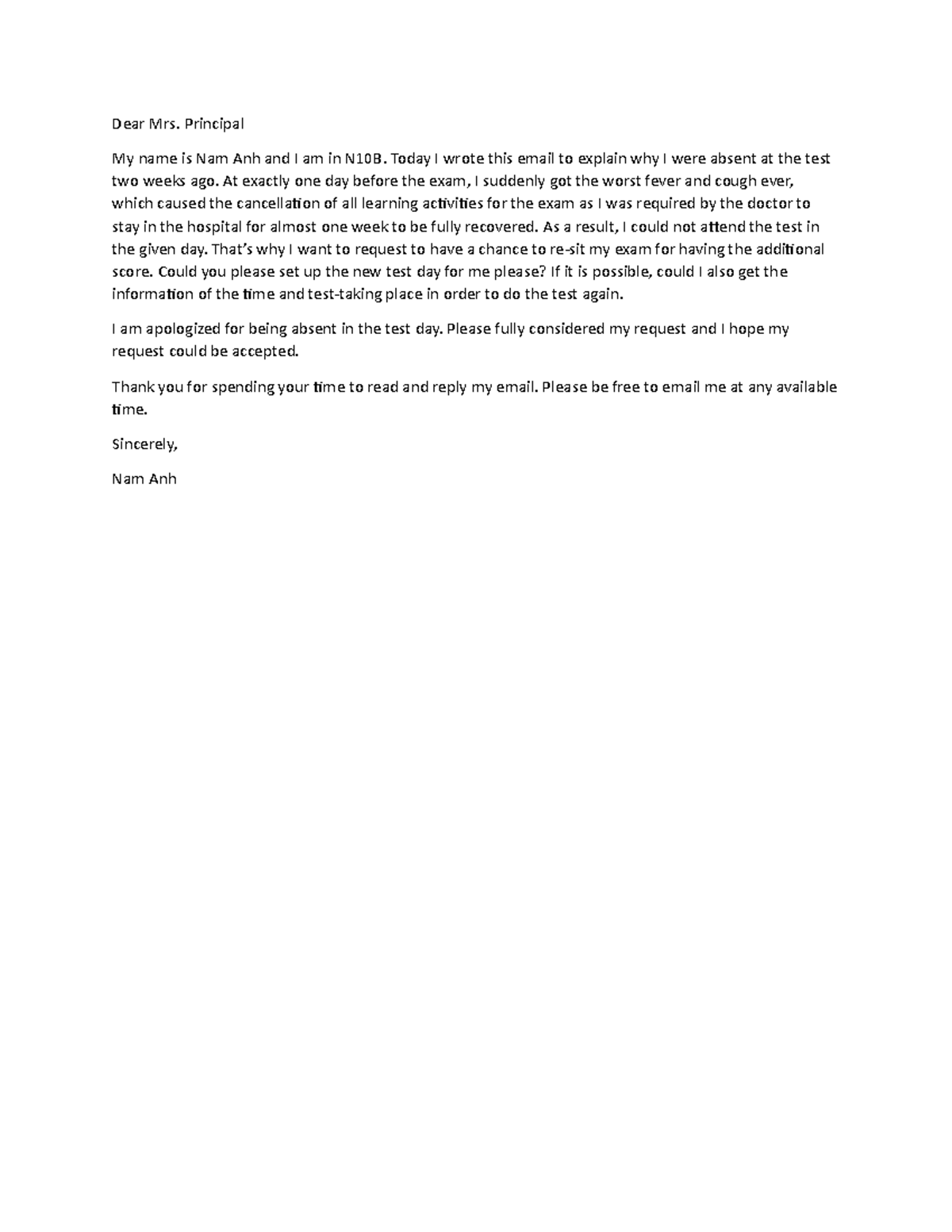 Principal email - pouu - Dear Mrs. Principal My name is Nam Anh and I ...