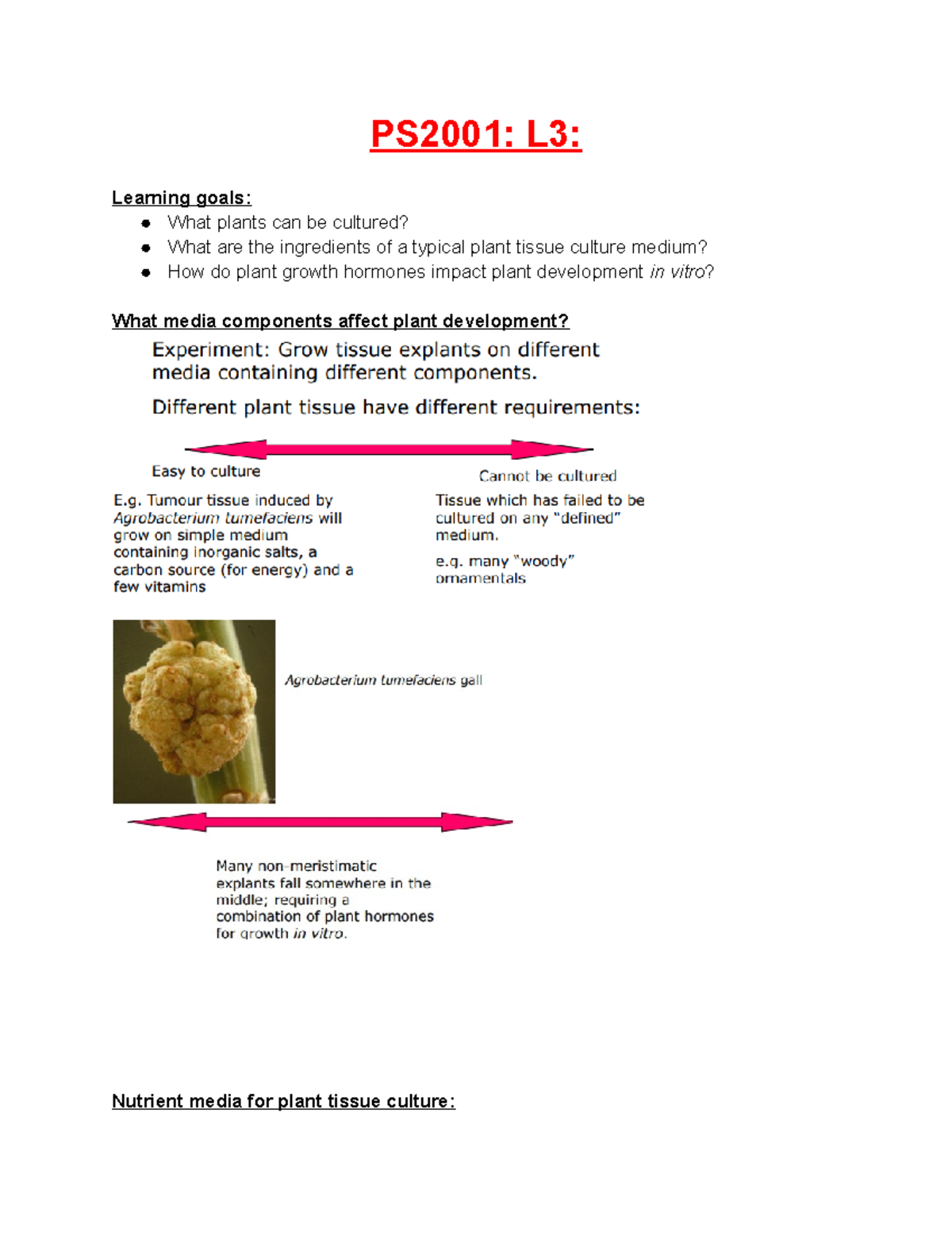 PS2001 L3 lecture notes PS2001 L3 Learning goals What plants can
