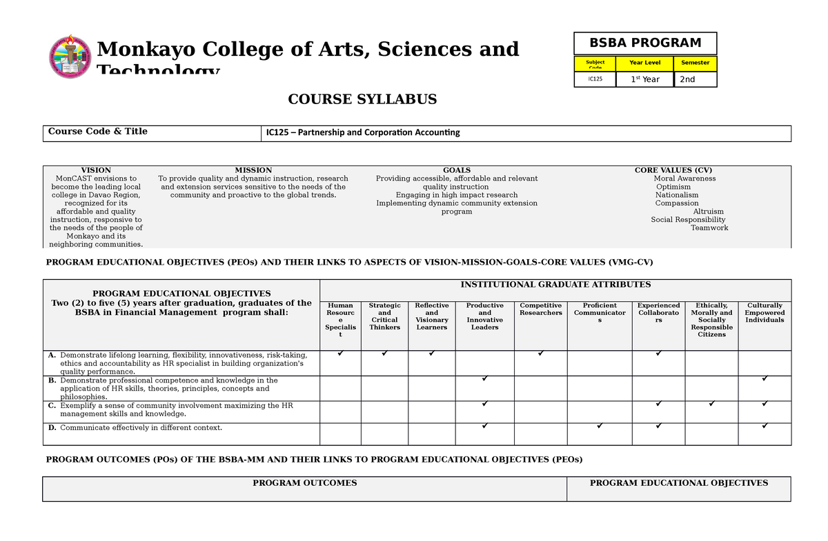 Syllabus Partnership CORP Acctg - COURSE SYLLABUS Course Code & Title ...