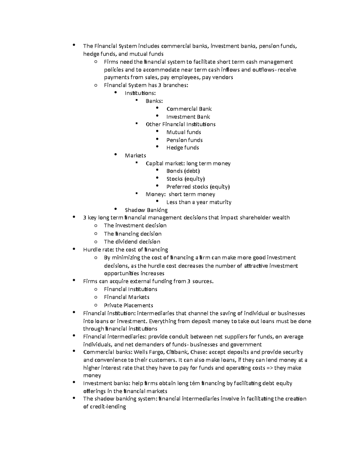 Finance 3313 Ch.2 - The Financial System includes commercial banks ...