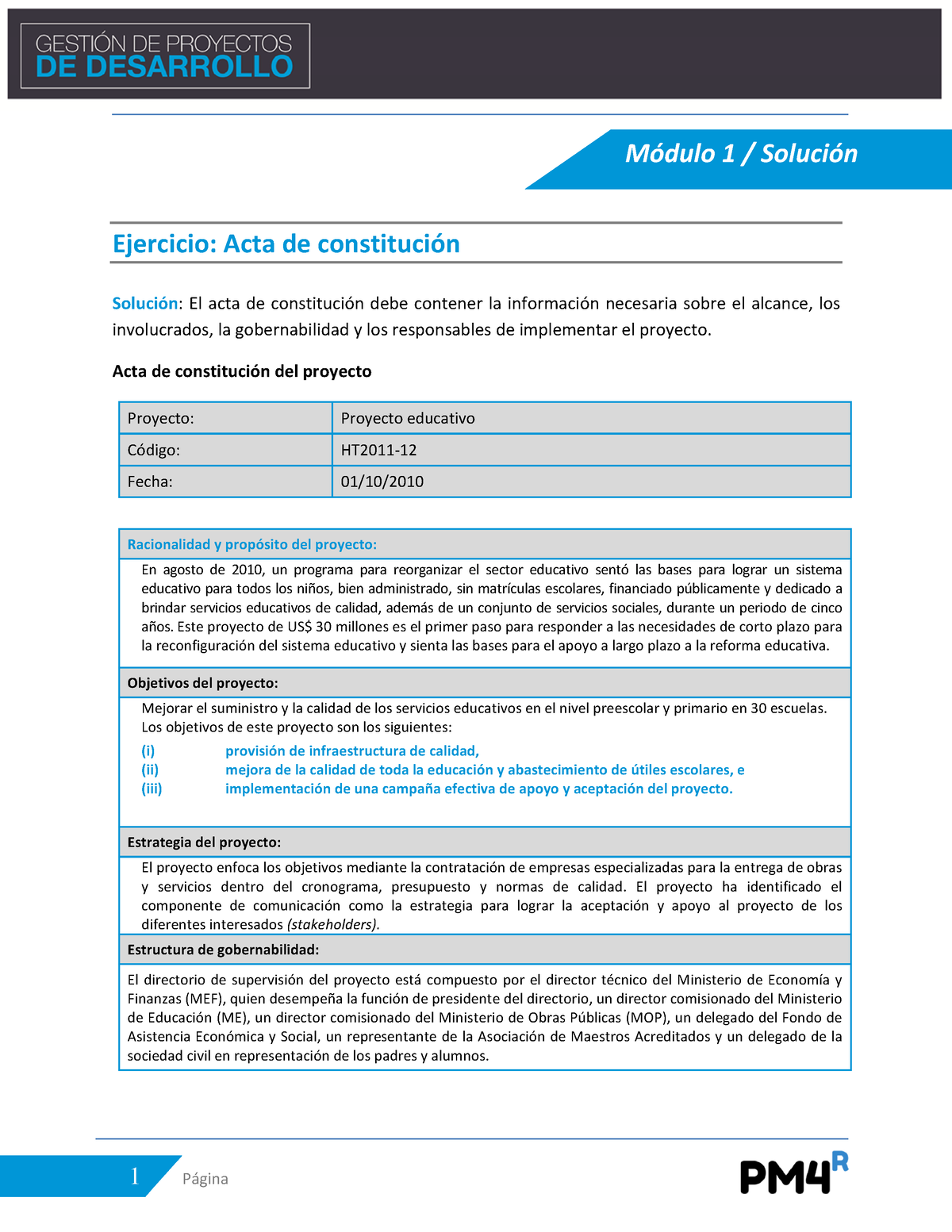 1Respuesta Caso De Estudio - 1 Página Ejercicio: Acta De Constitución ...