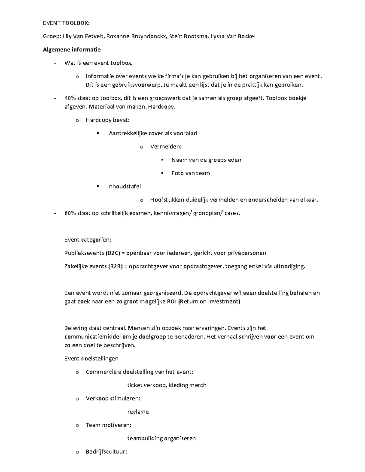 Event Toolbox - notities tijdens les - EVENT TOOLBOX: Groep: Lily Van ...