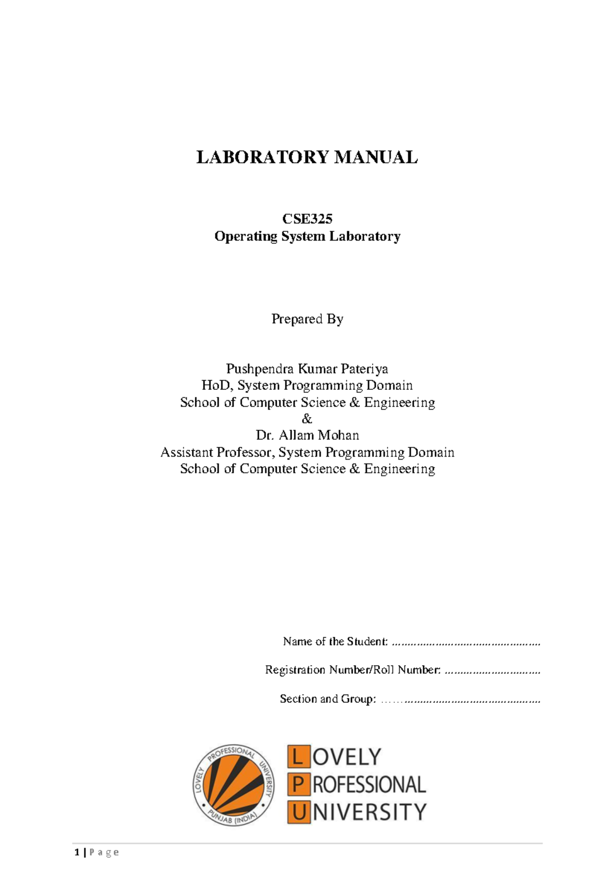 CSE325 OS Laboratory Manual 1 LABORATORY MANUAL CSE Operating System