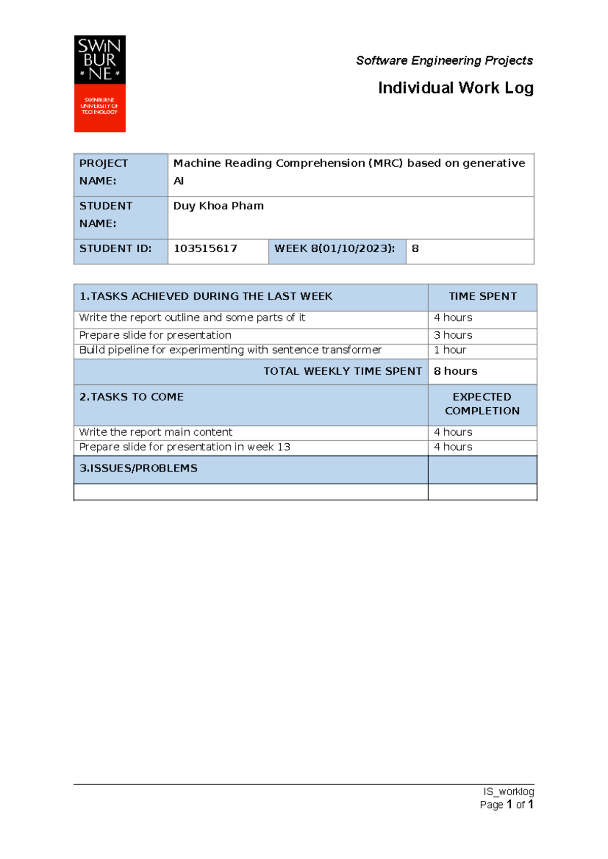 IS Worklog Week 8 - Software Engineering Projects Individual Work Log ...