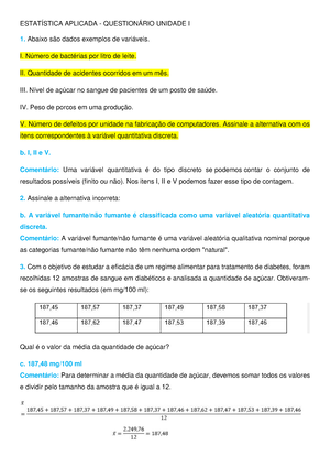 Questionário Unidade I Estatística Aplicada - Revisar Envio Do Teste ...