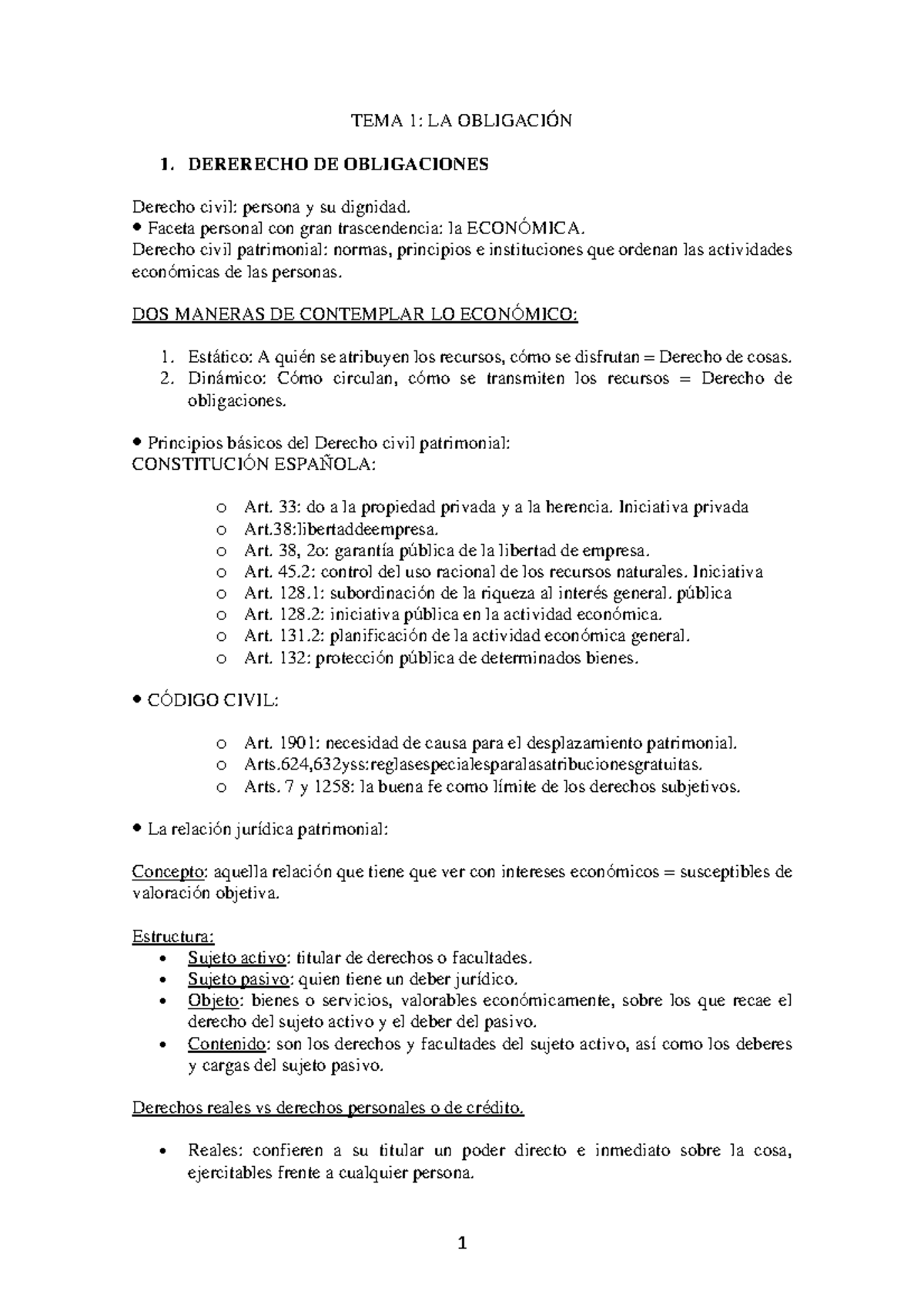 TEMA 1 Derecho de obligaciones y contratos - TEMA 1: LA OBLIGACIÓN 1 ...