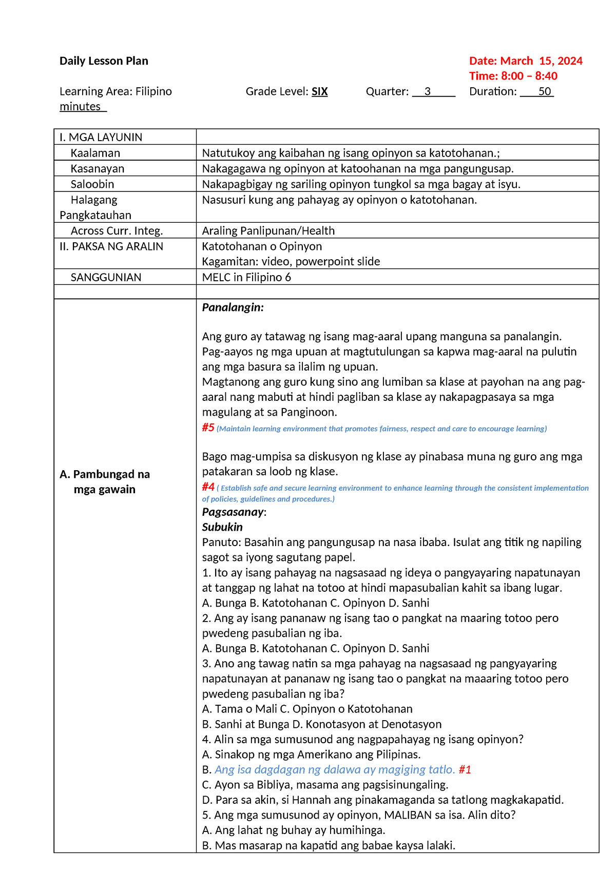 Filipino Lesson Plan Daily Lesson Plan Date March 15 2024 Time 800 8 Learning Area 6915