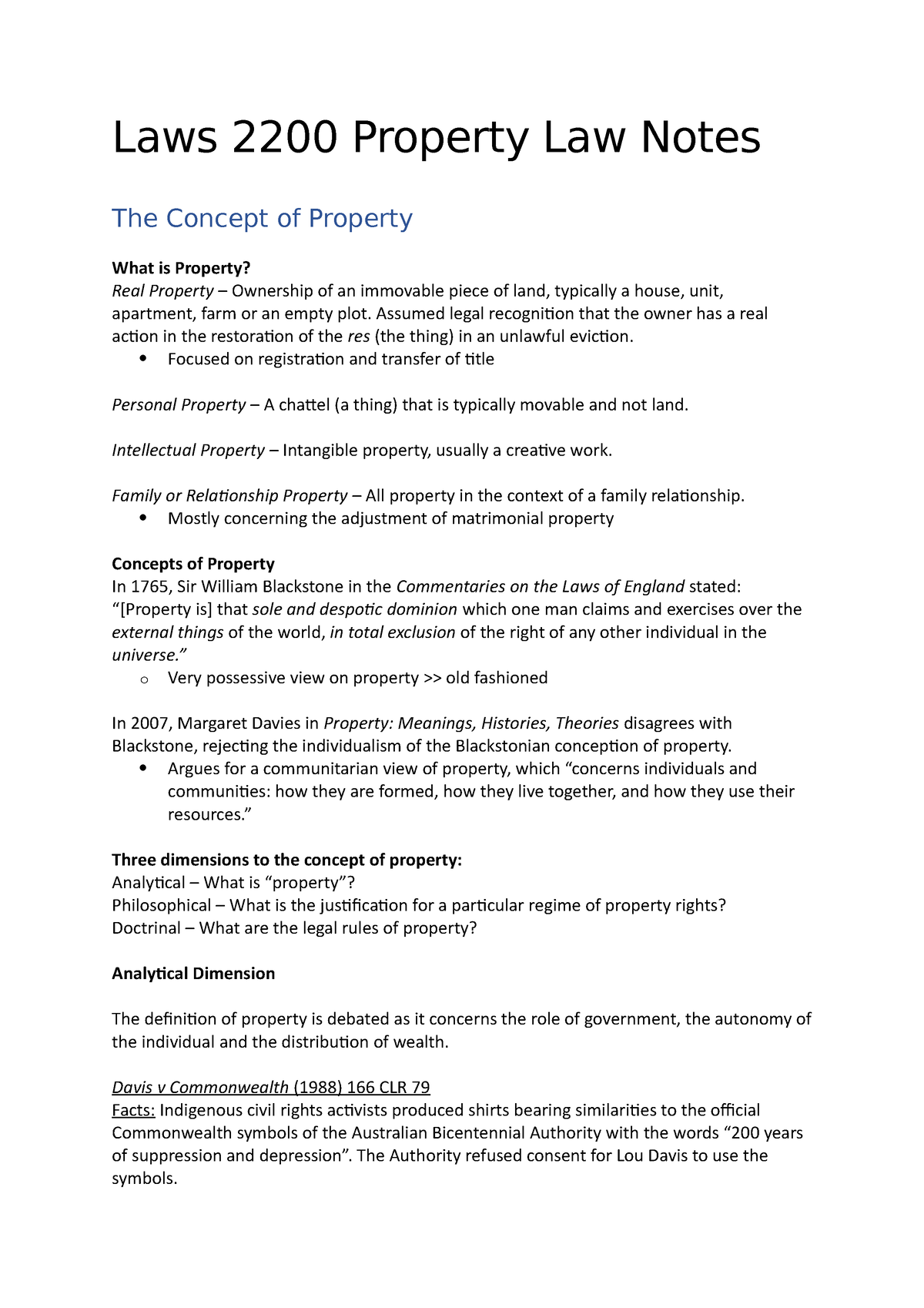 Laws 2200 Property Law Notes - Laws 2200 Property Law Notes The Concept ...