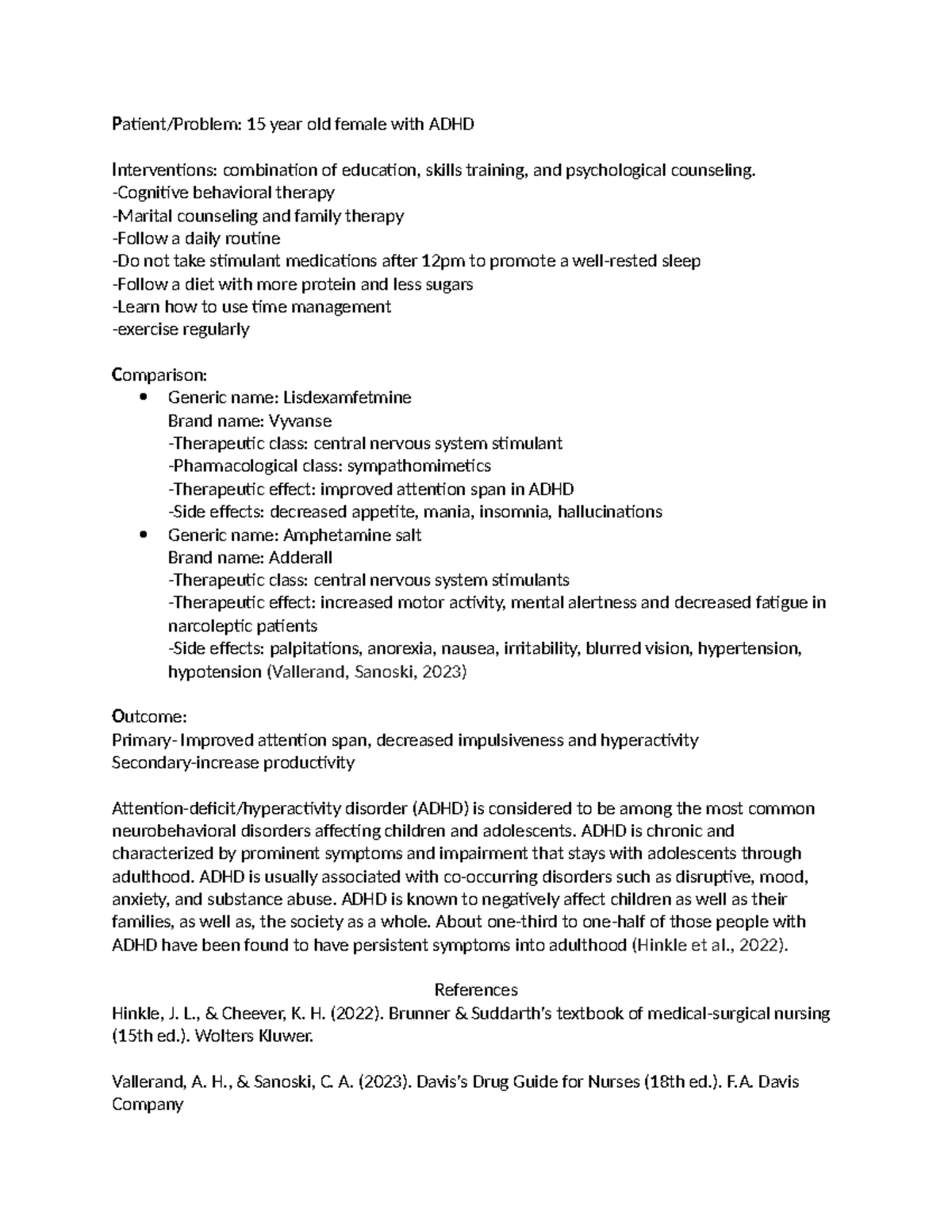 PICO - Patient/Problem: 15 year old female with ADHD Interventions ...