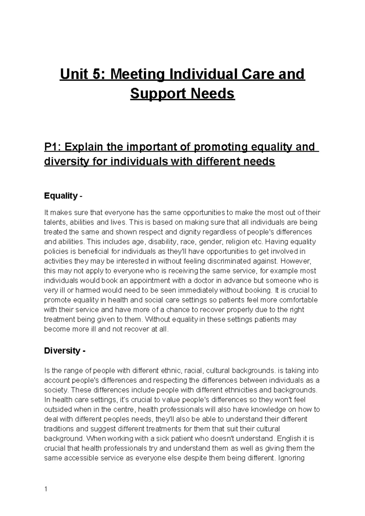 Unit 5 Assignment 1 - Meeting Individual Care and Support Needs - Unit ...