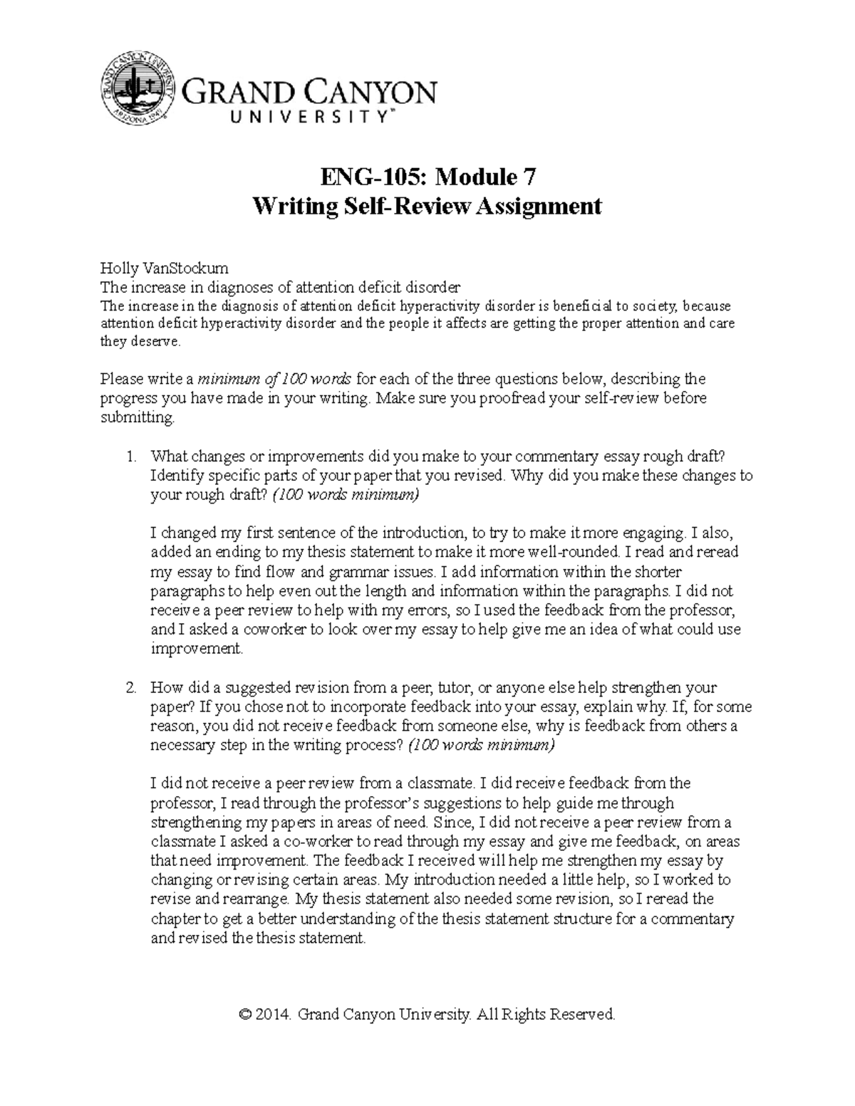 ENG105 Self Review Assignment Commentary - ENG-105: Module 7 Writing ...