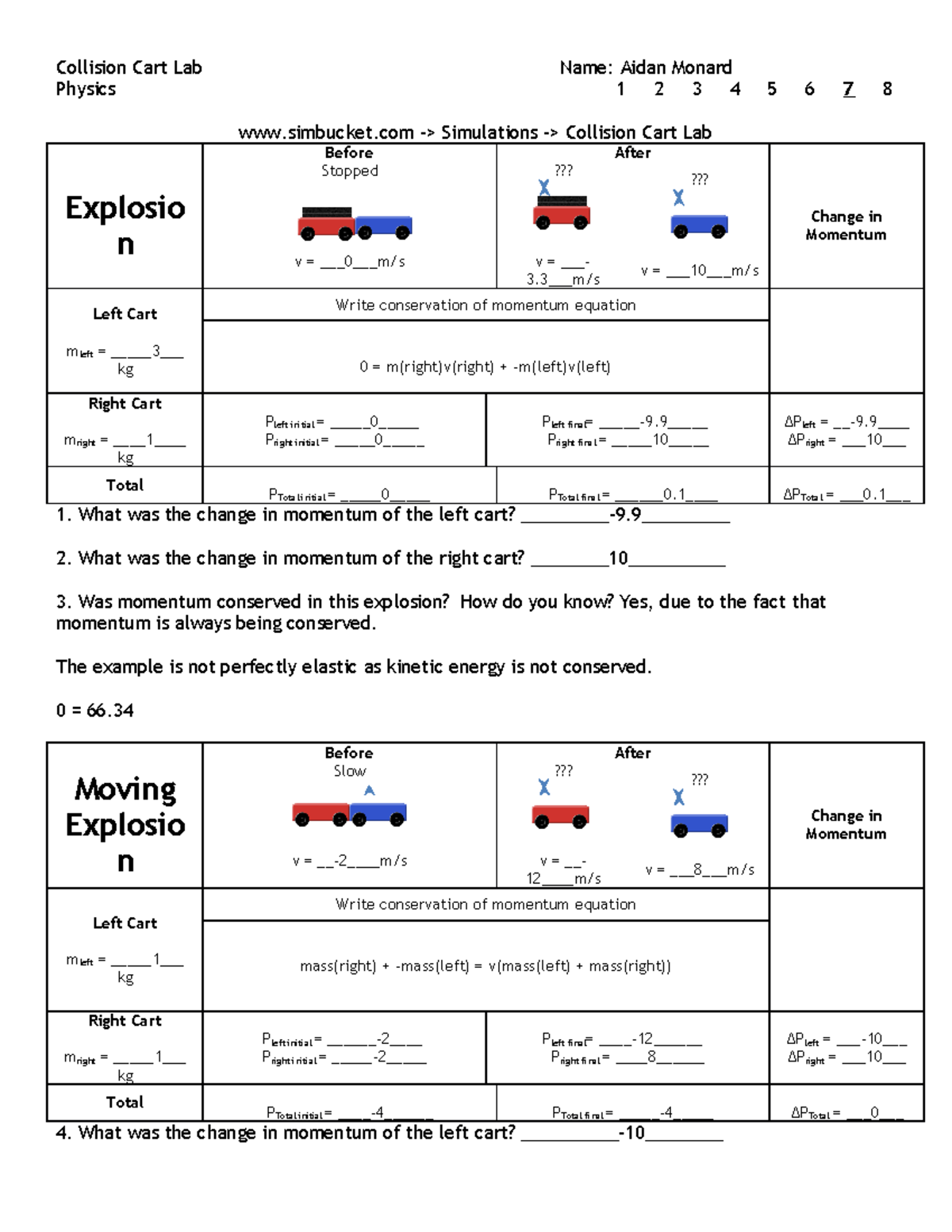 Lab for Physics qdjoeijf Collision Cart Lab Name Aidan Monard Physics 1 2 3 4 5 6 7 8