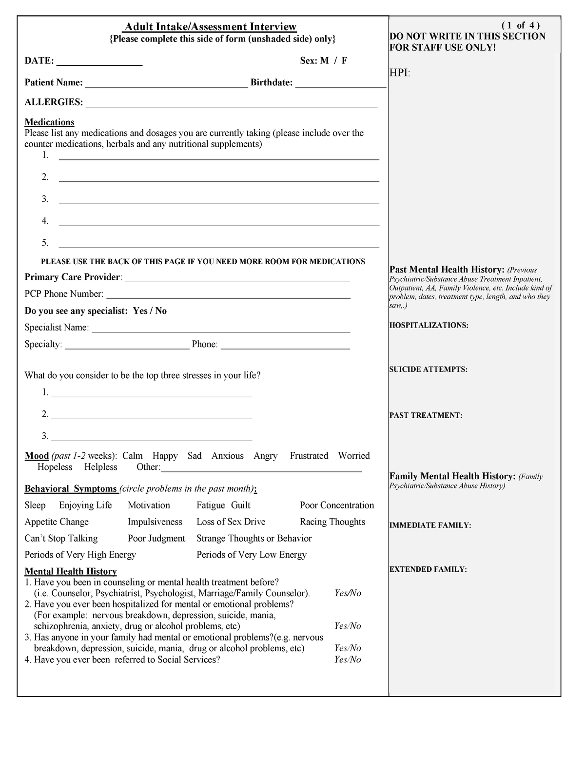 Adult Intake Assessment Form Psychiatric Adult Intakeassessment Interview Please Complete 3429