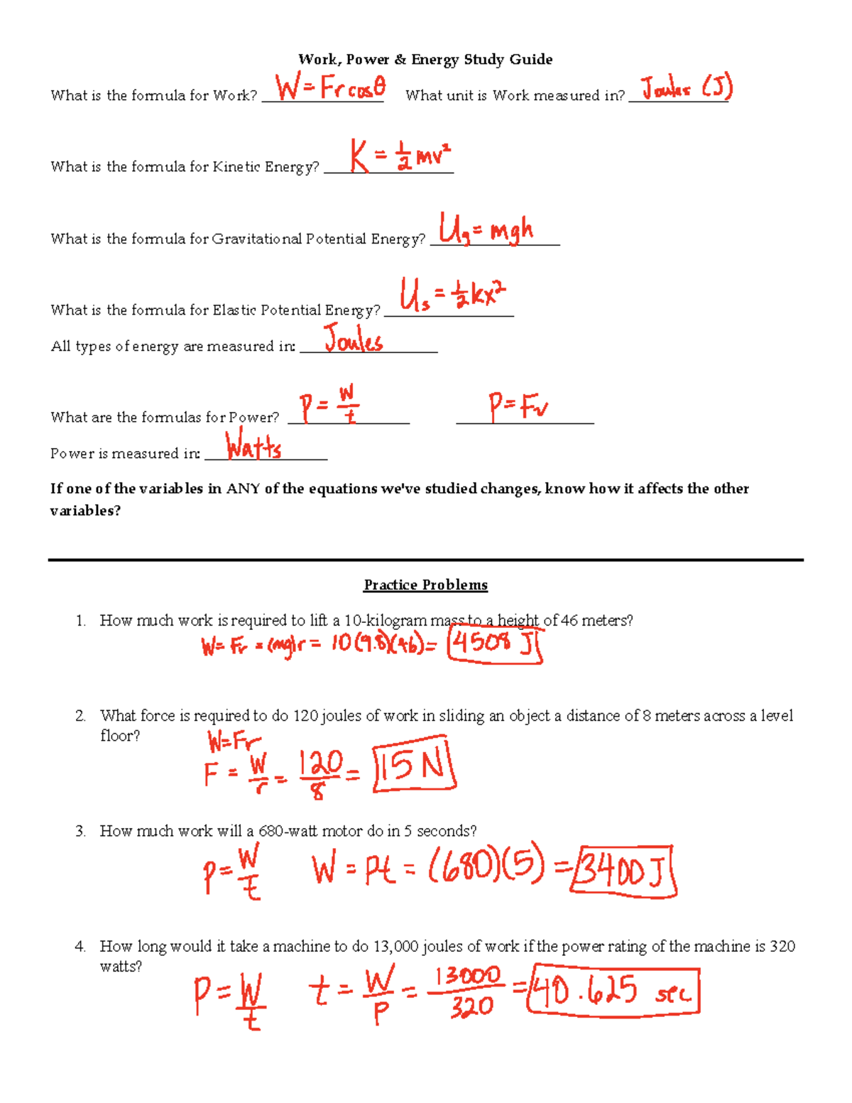 Study+guide+5+KEY - study guide unit 5 - Work, Power & Energy Study ...