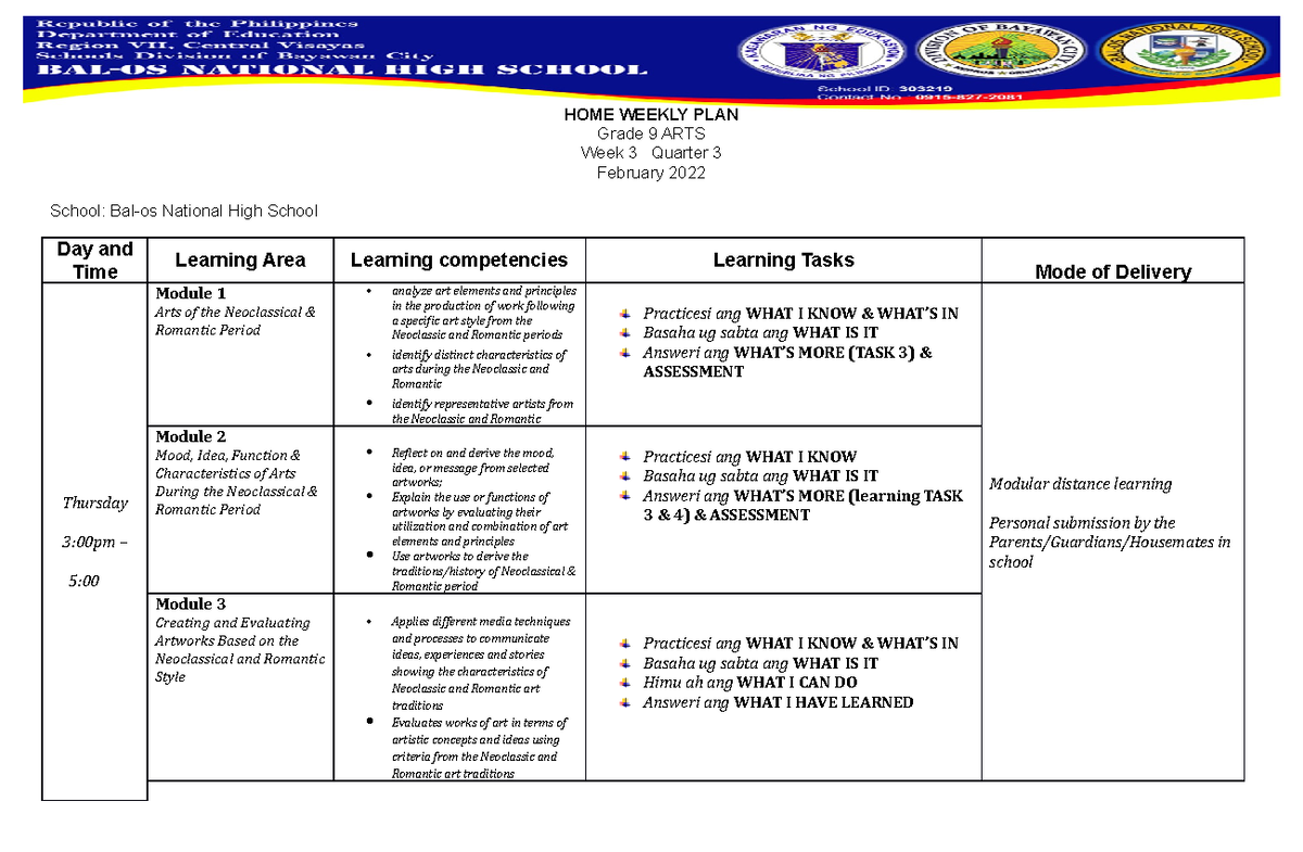 WHLP ARTS - Weekly plan - HOME WEEKLY PLAN Grade 9 ARTS Week 3 Quarter ...