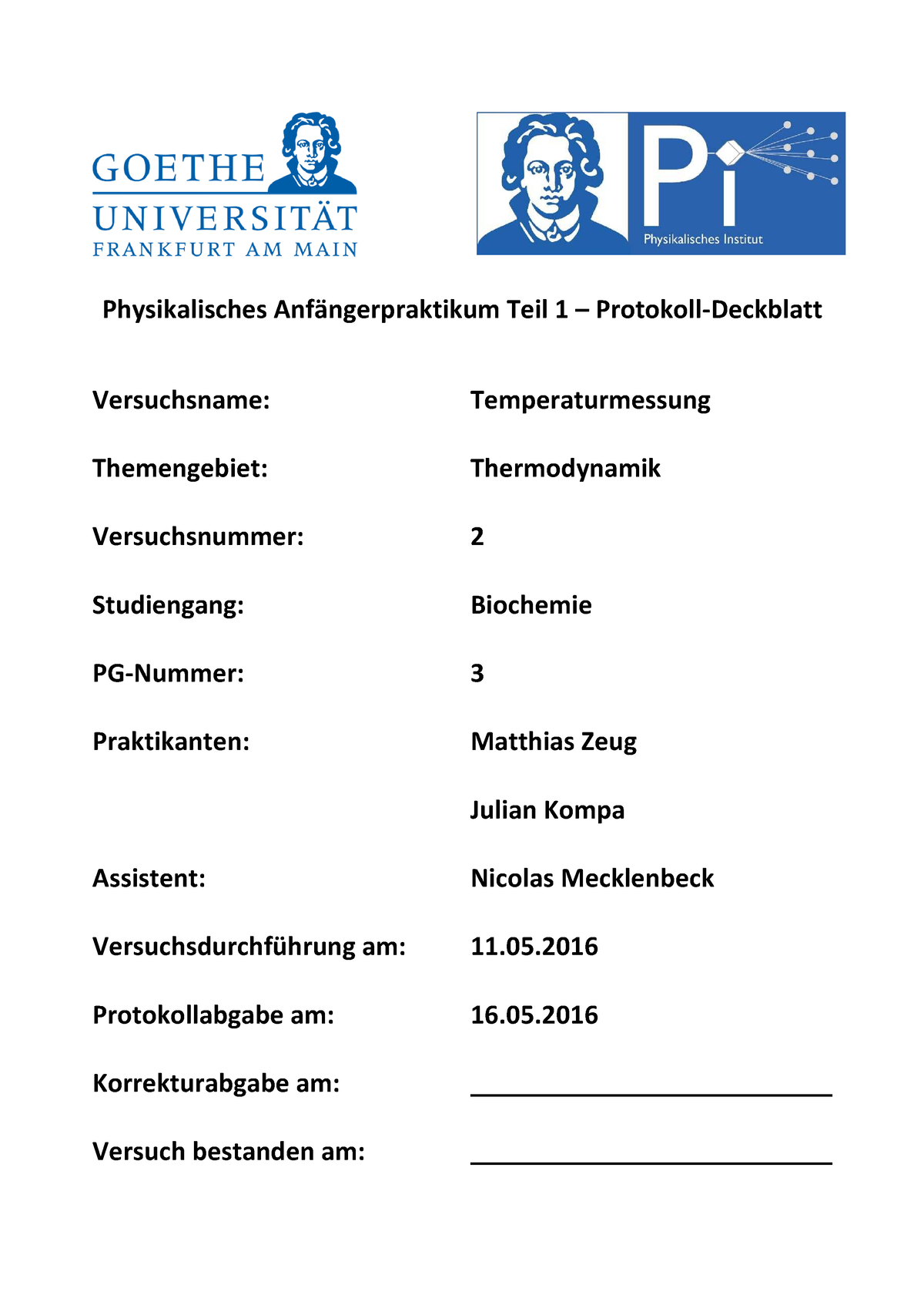 So Se 16 Physik Ap1 T2 Physikalisches Anfängerpraktikum Teil 1 Protokoll Deckblatt