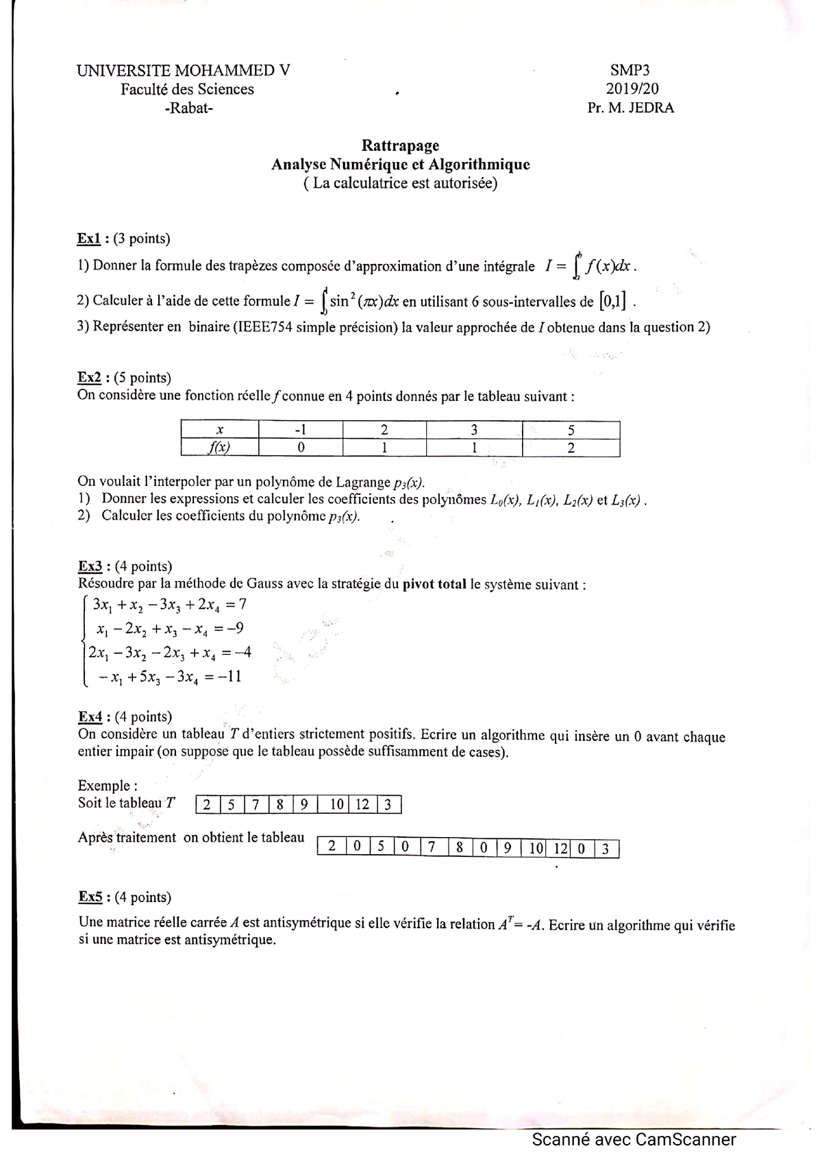 Examens Algorithmique Et Analyse Numérique Smp3 Fsr Prof M.Jedra ...