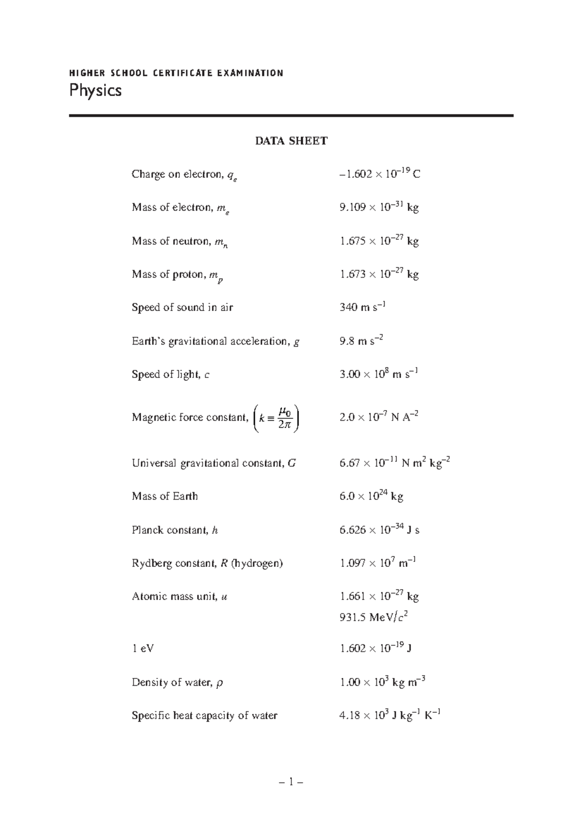 2010 Physics formulae sheet - PHYS1221 - UNSW Sydney - Studocu