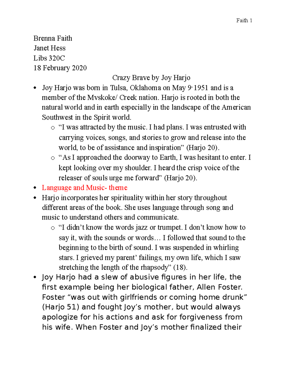 Crazy Brave responses Faith 1 Brenna Faith Hess Libs 320C 18