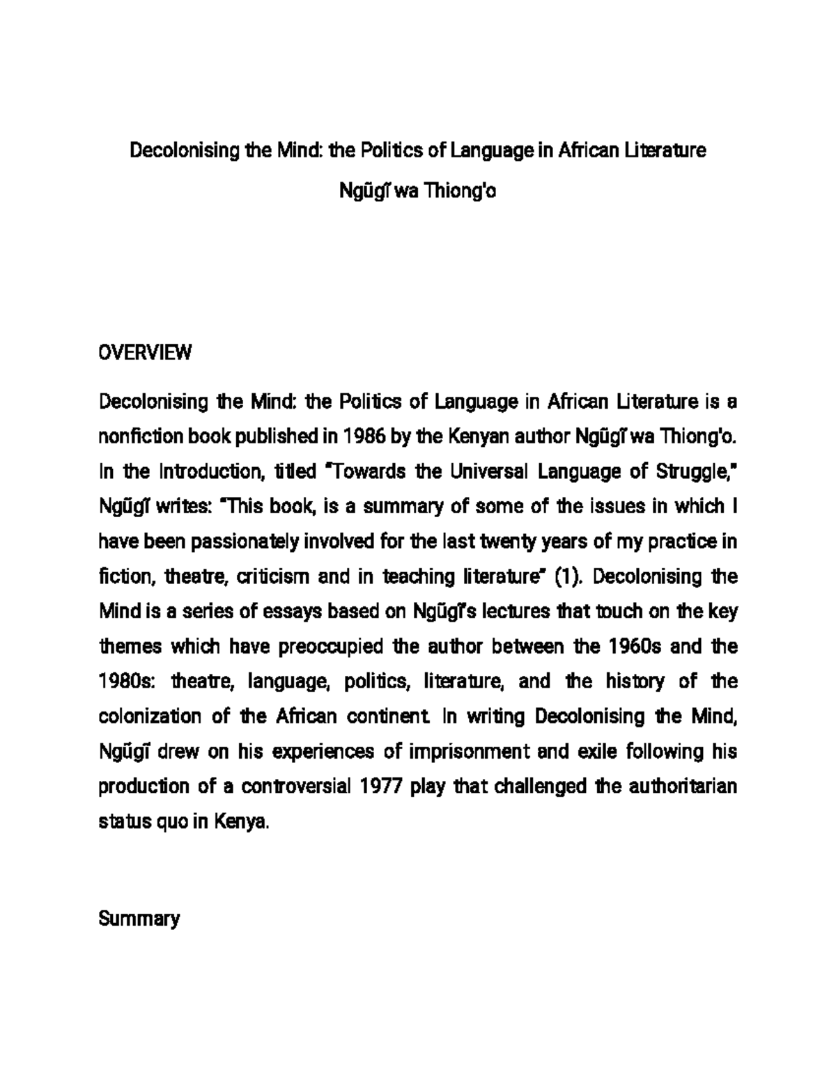 Decolonising The Mind Decolonizing The Mind By Nugigi Thiong O 