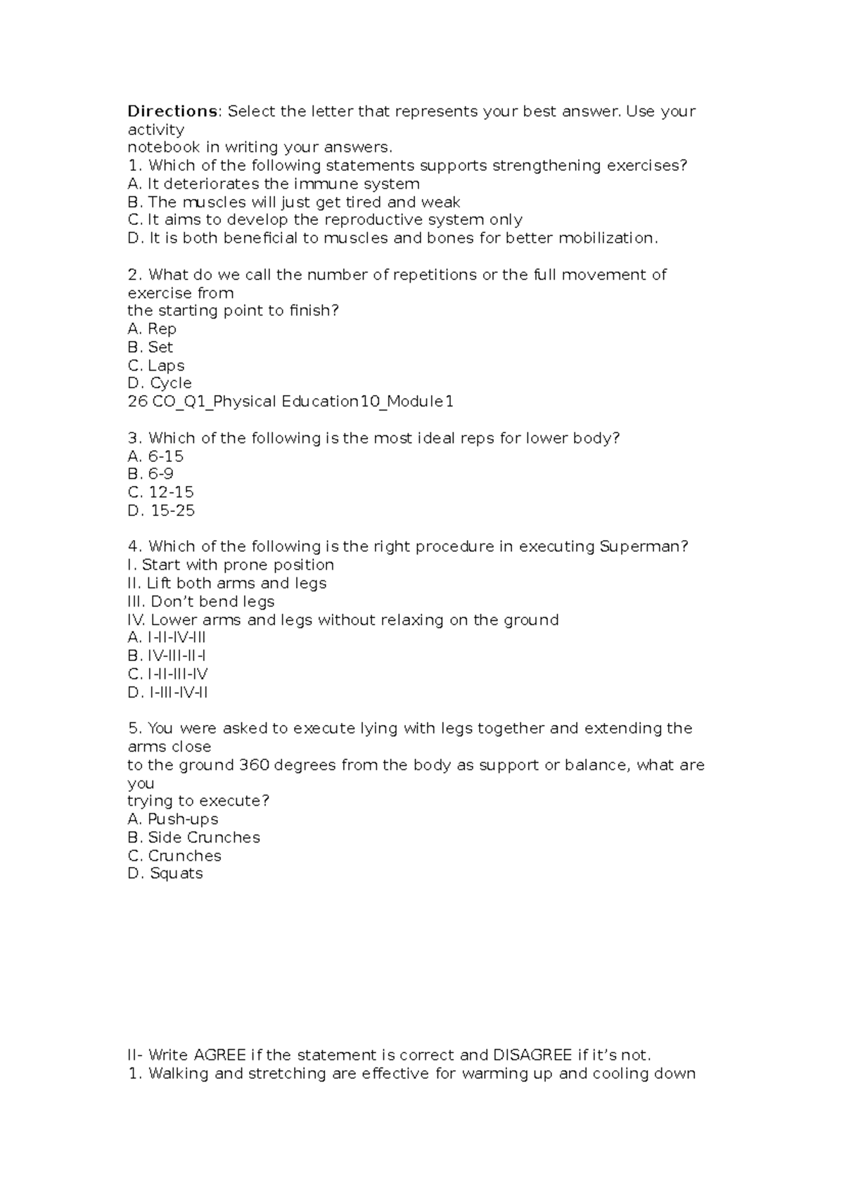 ST PE - additional notes - Directions: Select the letter that ...
