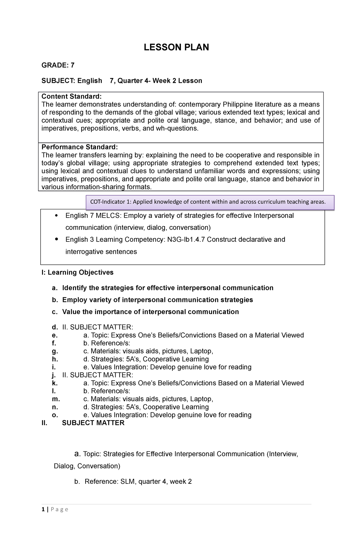 Cot2 Lesson Plan Grade 7 Subject English 7 Quarter 4 Week 2