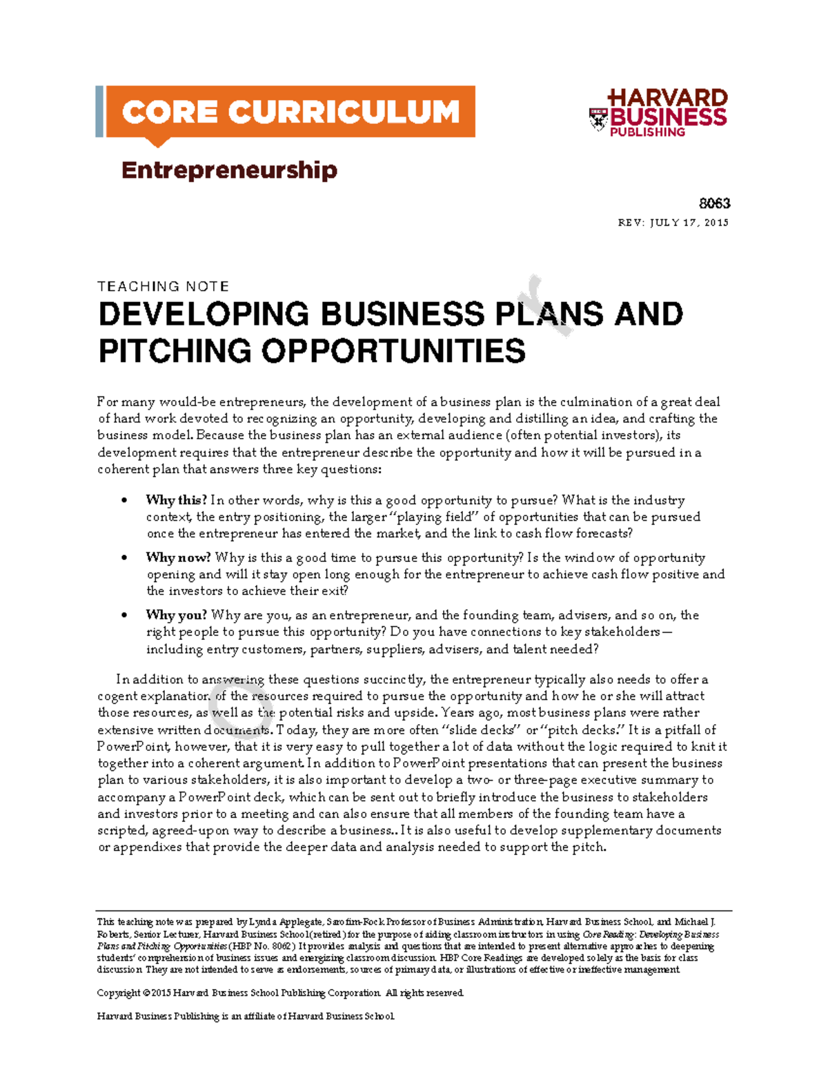 entrepreneurship reading developing business plans and pitching opportunities