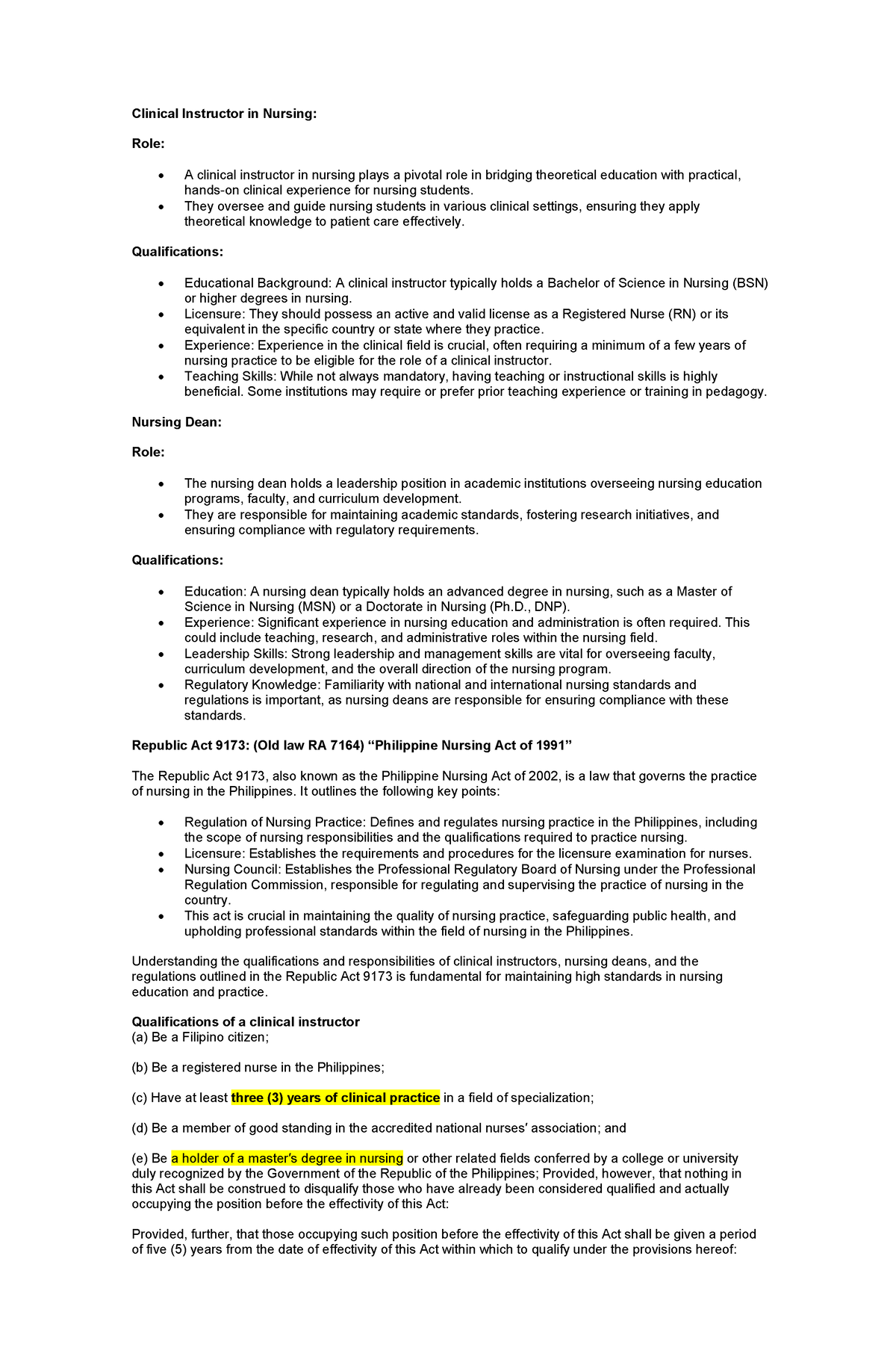 Notes-BON - Notes - Clinical Instructor in Nursing: Role: A clinical ...