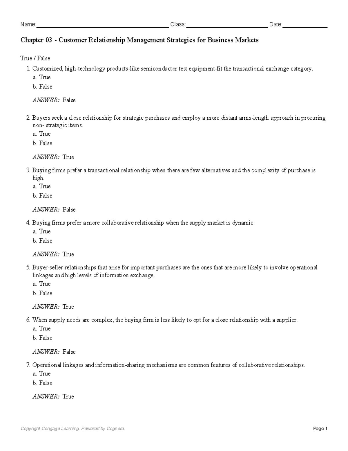 Chapter 03 test bank - Customer Relationship Management Strategies for ...