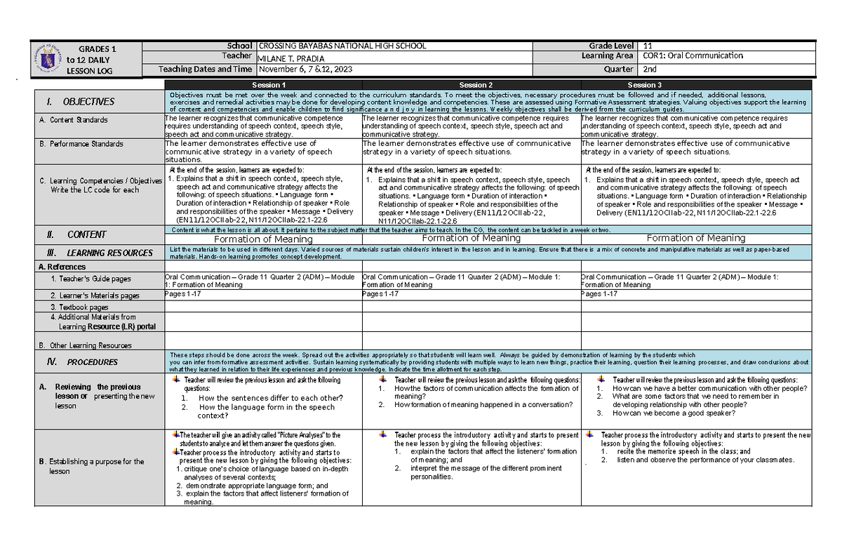 DLL COR1 WEEK 2 Q2 - DLL - GRADES 1 to 12 DAILY LESSON LOG School ...